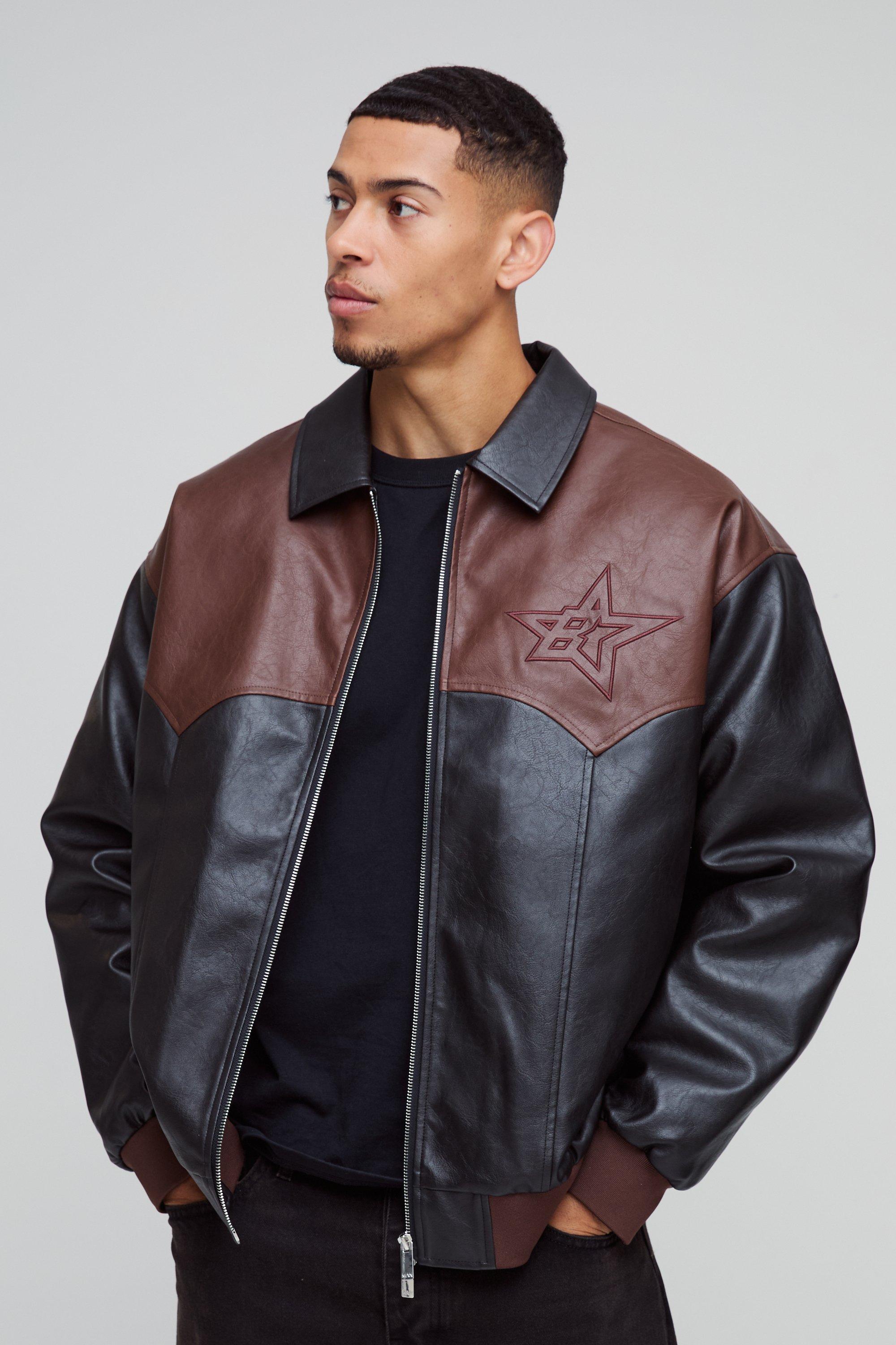 Mens Black Oversized Western Panelled Collared Bomber Jacket, Black