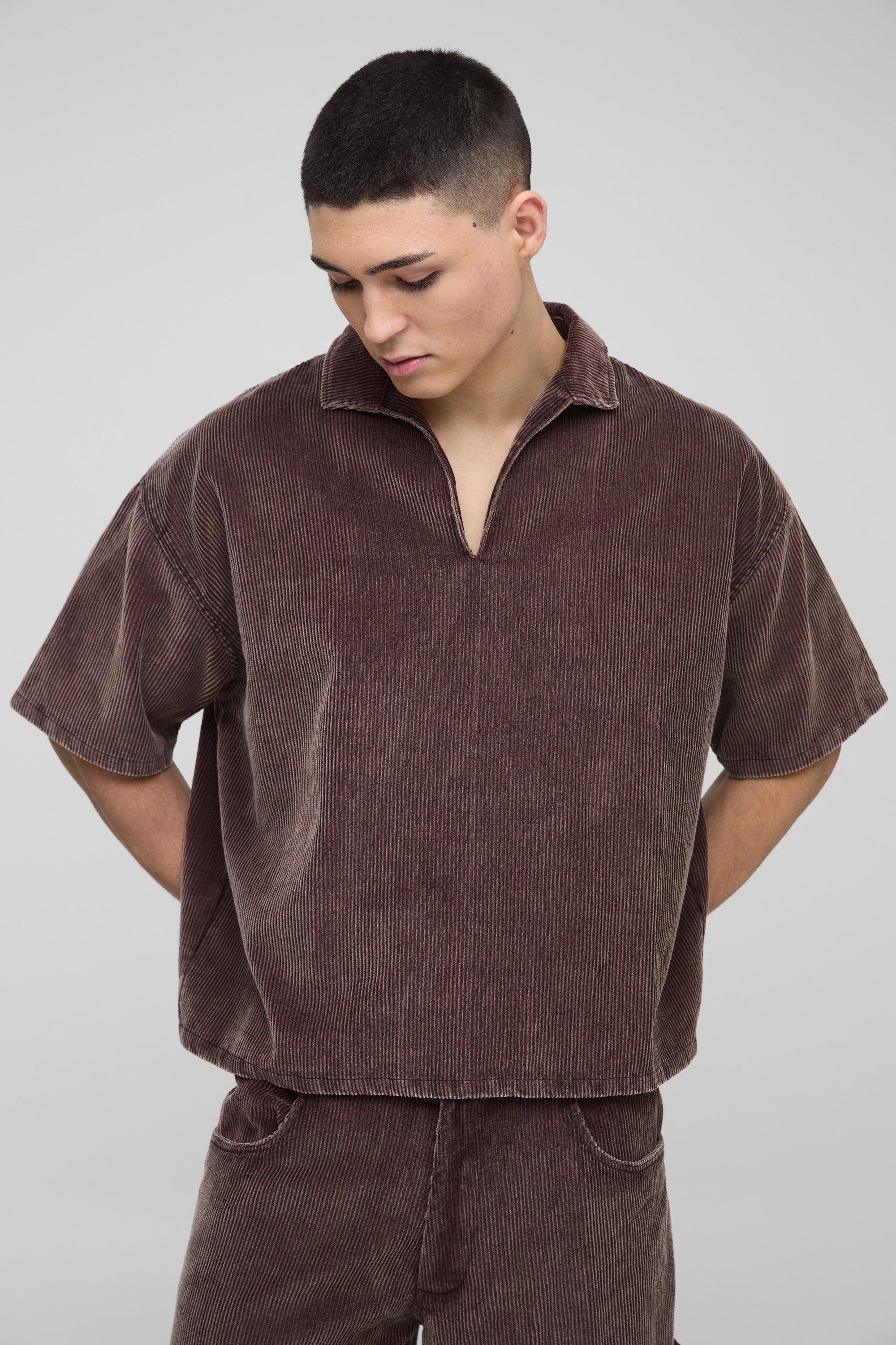 Mens Brown Oversized Boxy Acid Wash Corduroy Polo Shirt, Brown