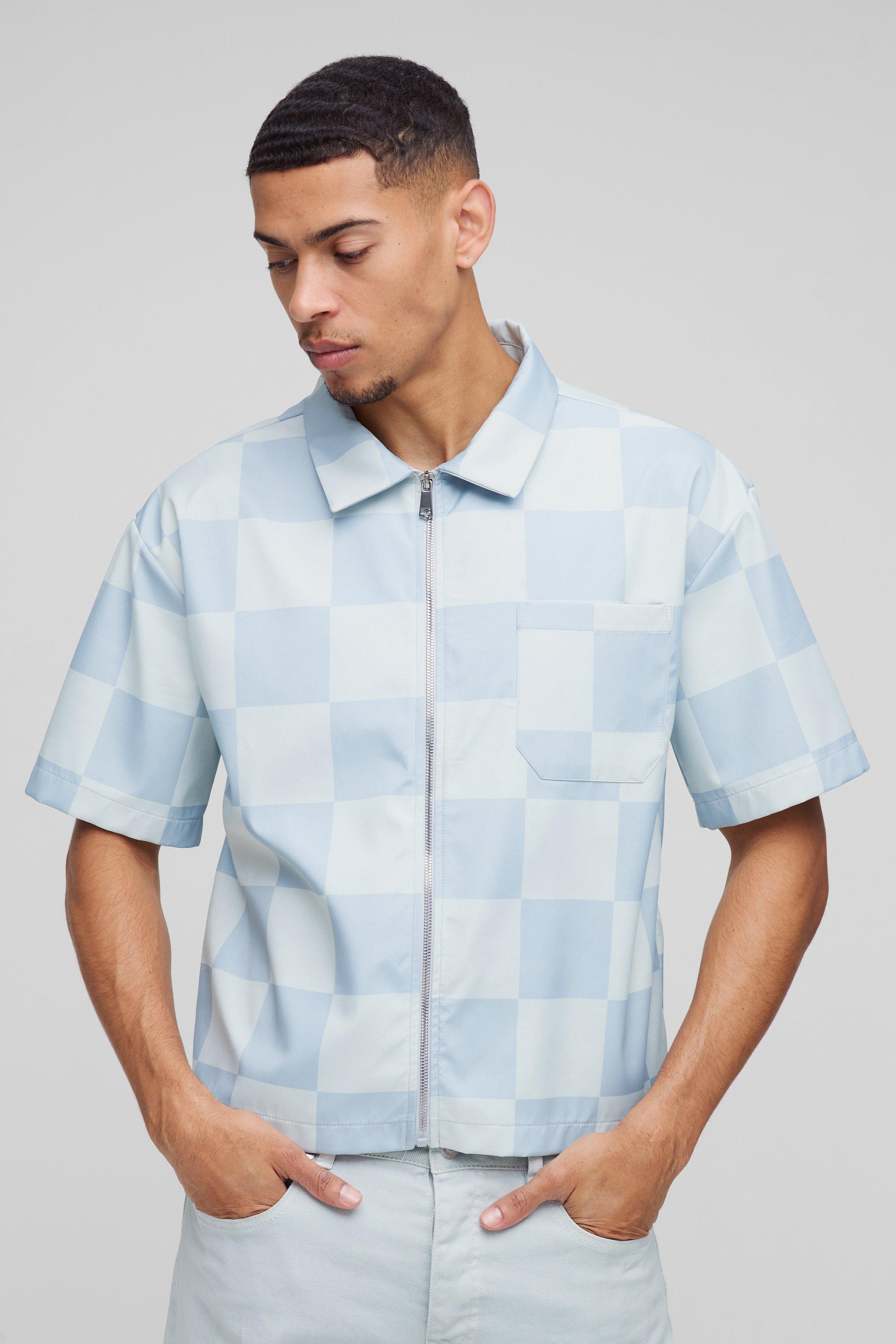 Mens Blue Oversized Boxy Checkerboard Collared Shirt, Blue