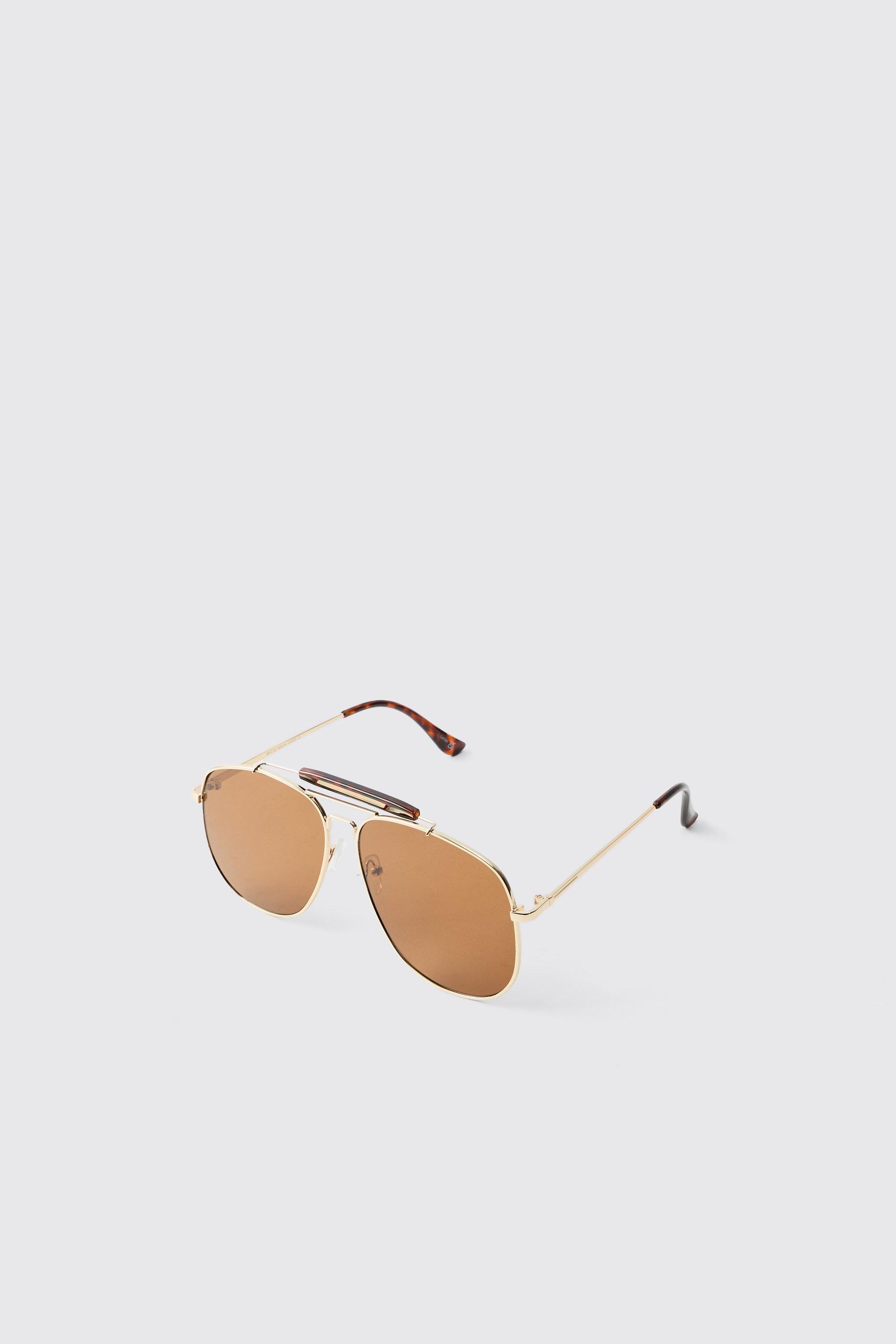 Mens Metallics Gold Tortoise Detail Aviator Sunglasses, Metallics