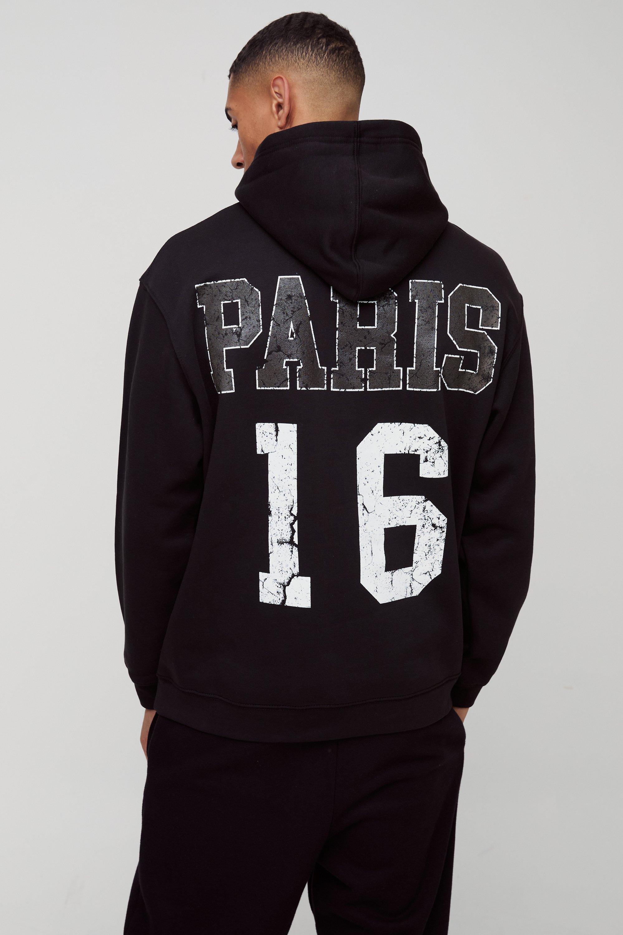 Mens Black Oversized Paris Varsity Graphic Hoodie, Black