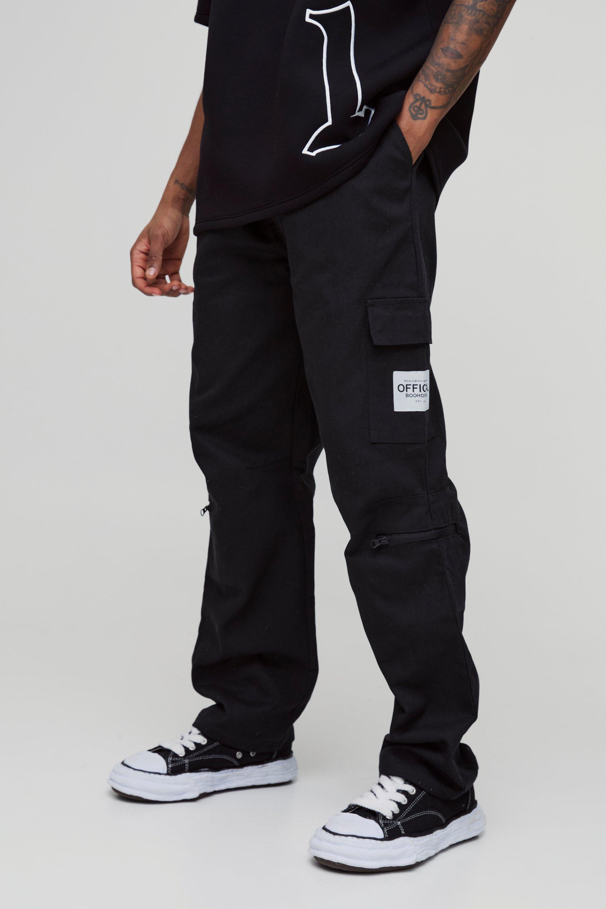 Mens Black Tall Straight Leg Ankle Grazer Woven Tab Cargo Trouser, Black