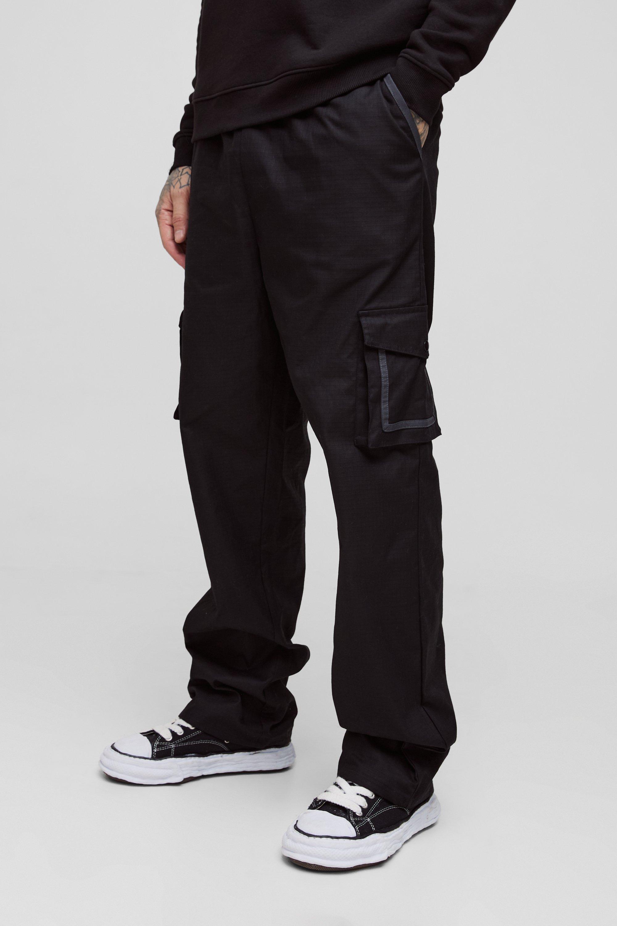 Mens Black Tall Elasticated Relaxed Fit Ripstop Cargo Trouser, Black