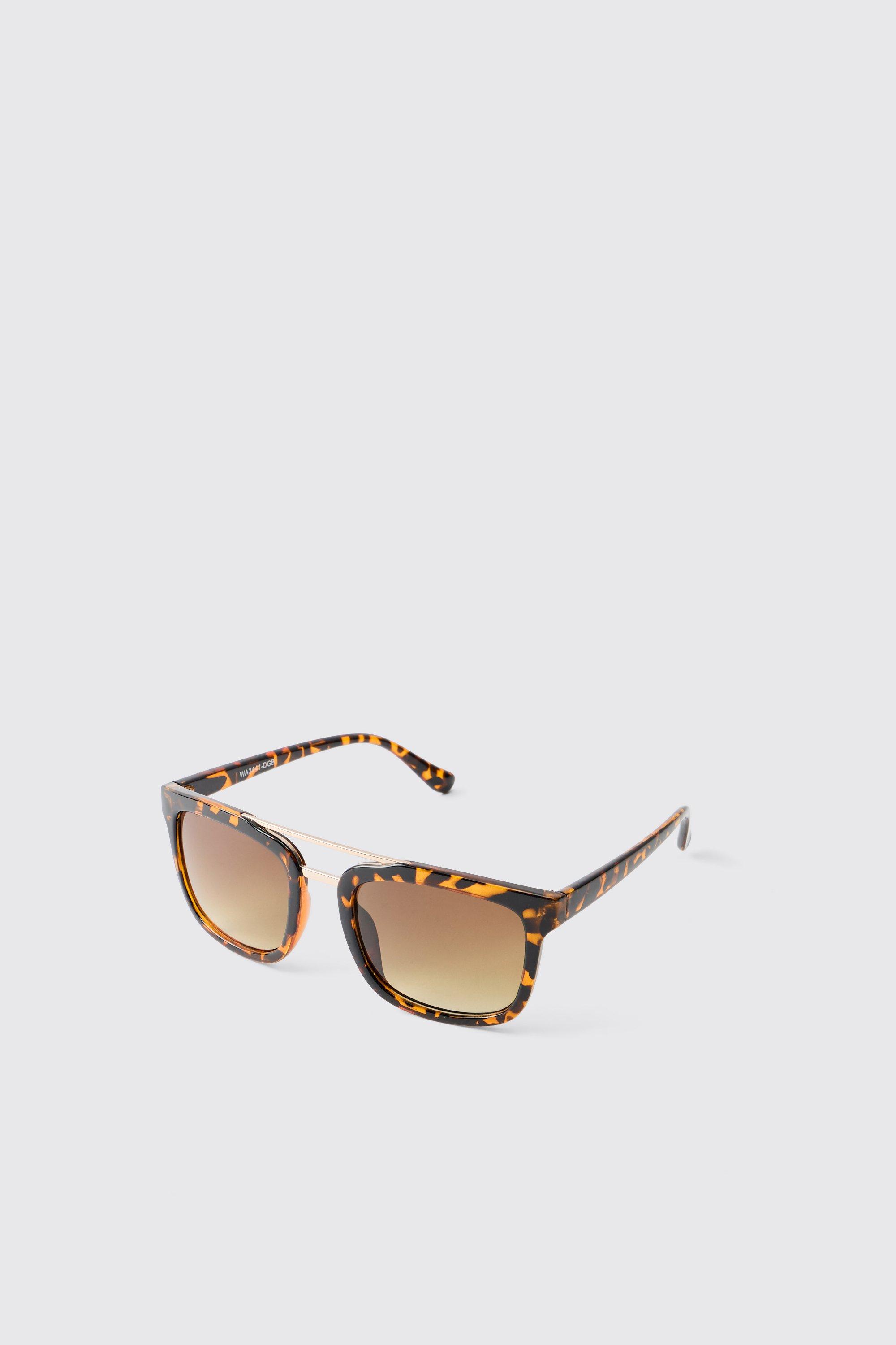 Mens Brown Tortoise Gold Metal Detail Square Sunglasses, Brown