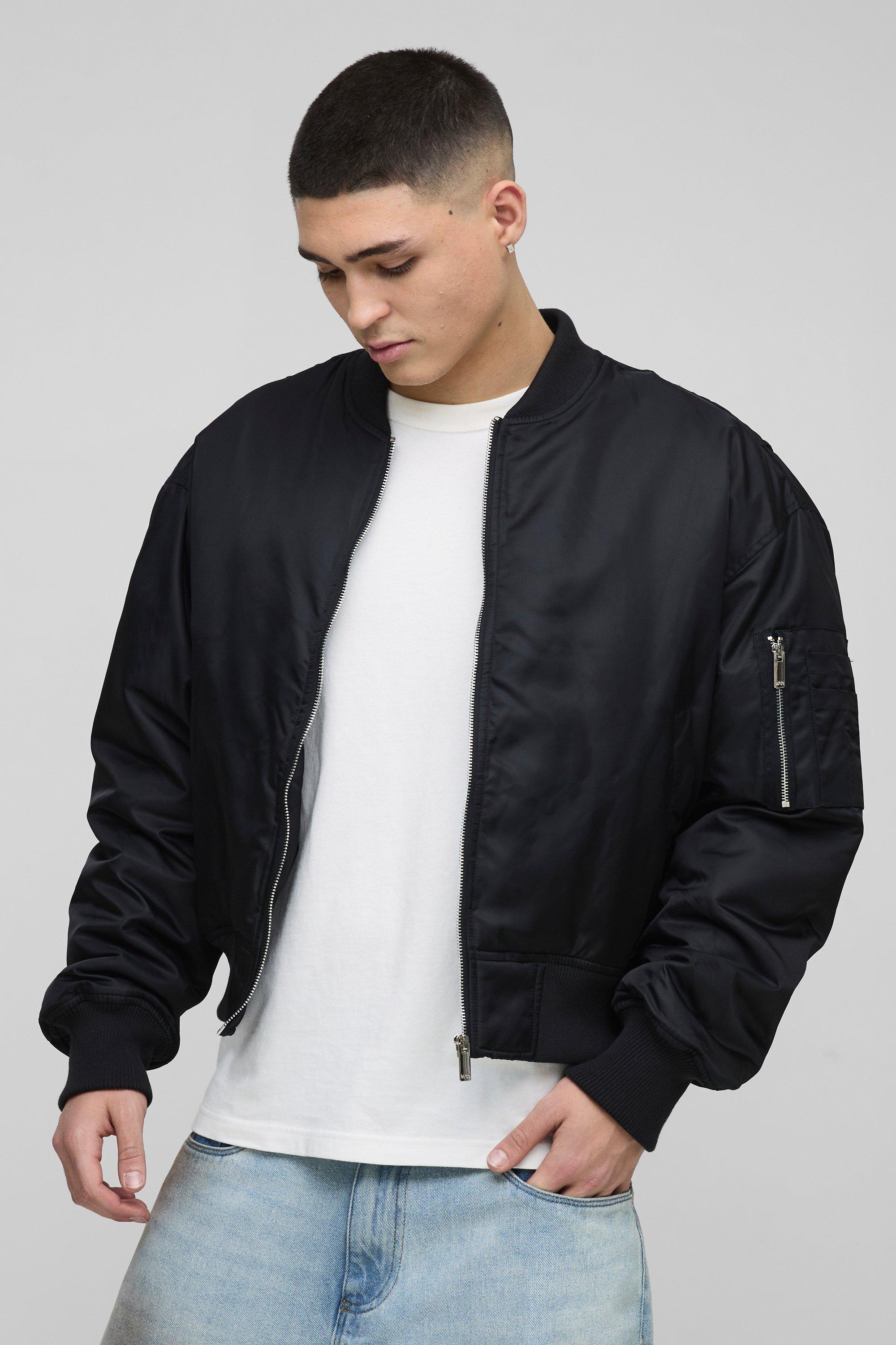 Mens Black Oversized Boxy Curved Hem Nylon Bomber Jacket, Black