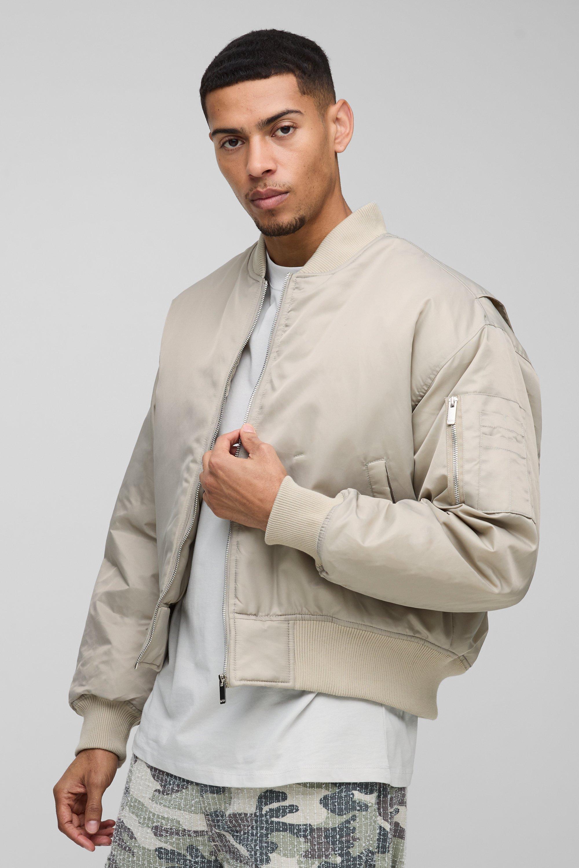 Mens Beige Oversized Boxy Curved Hem Nylon Bomber Jacket, Beige