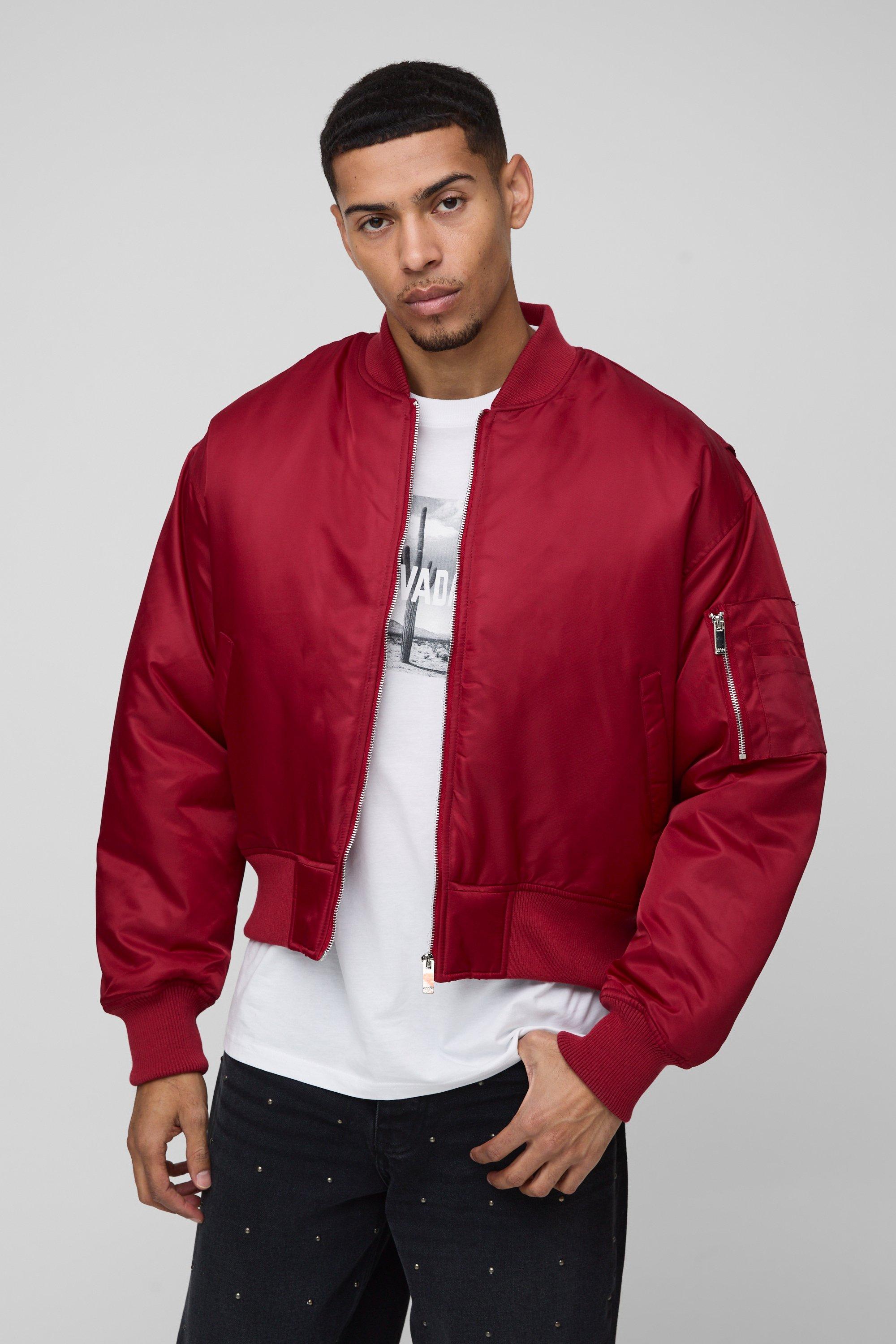 Mens Red Oversized Boxy Curved Hem Nylon Bomber Jacket, Red