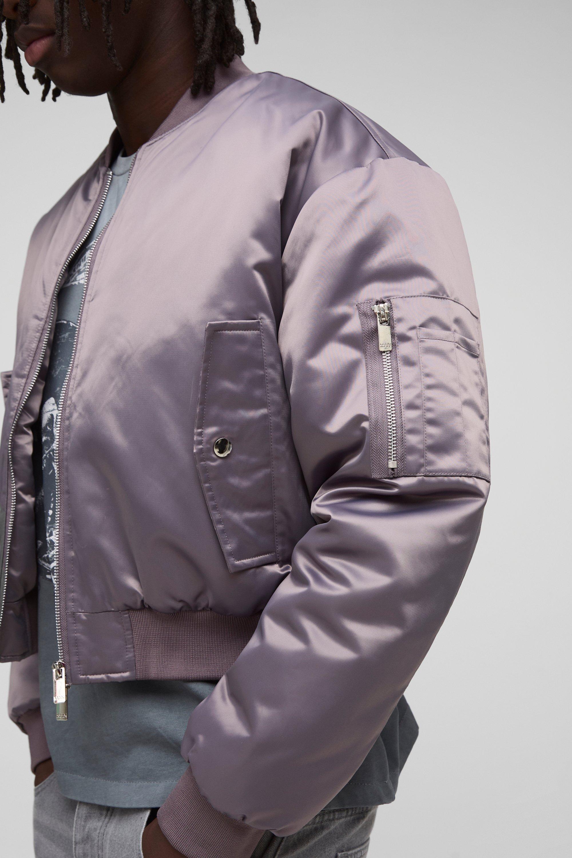 Mens Purple Boxy Fit Nylon Baby Bomber Jacket, Purple