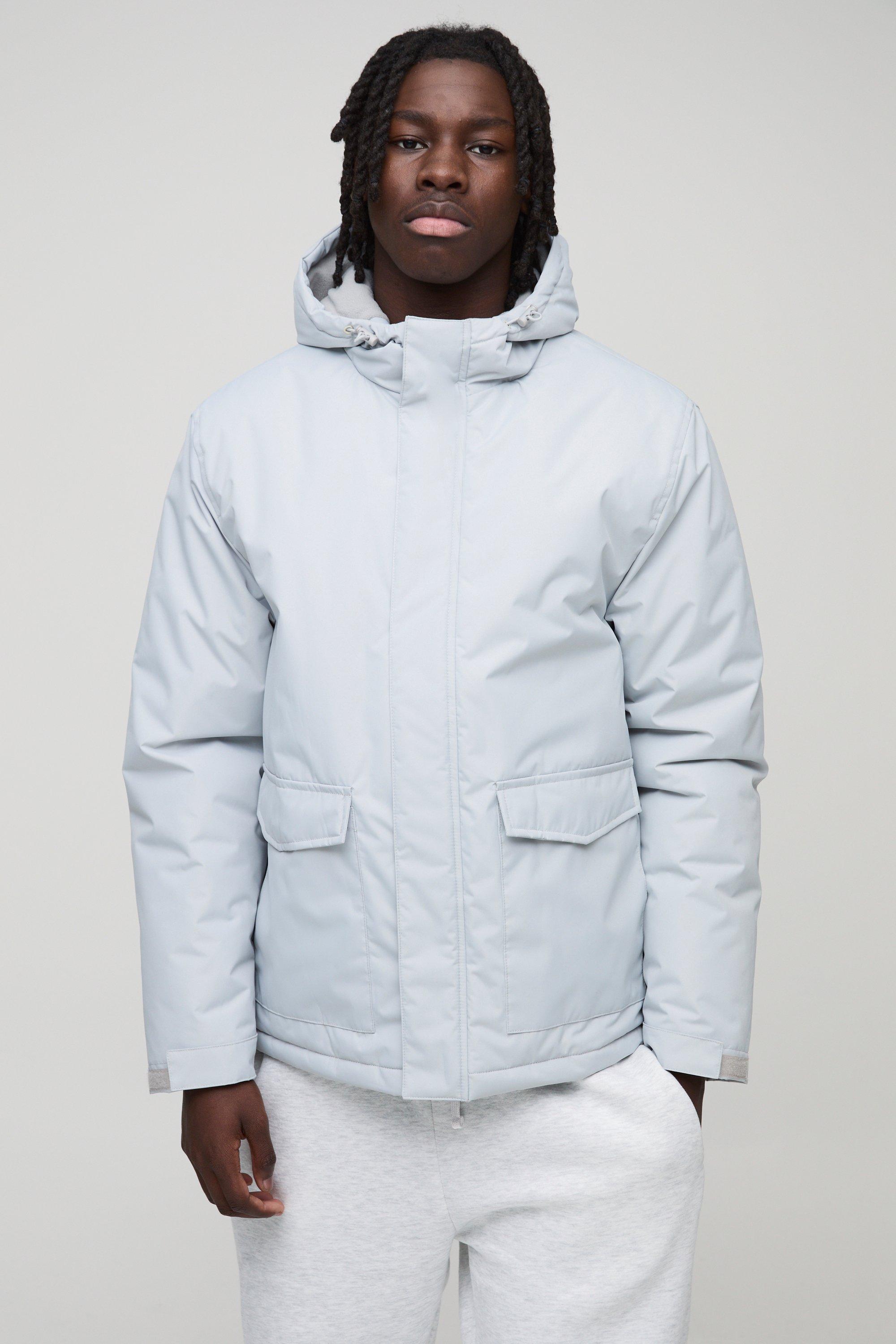 Mens Grey Regular Fit Hooded Parka Jacket, Grey