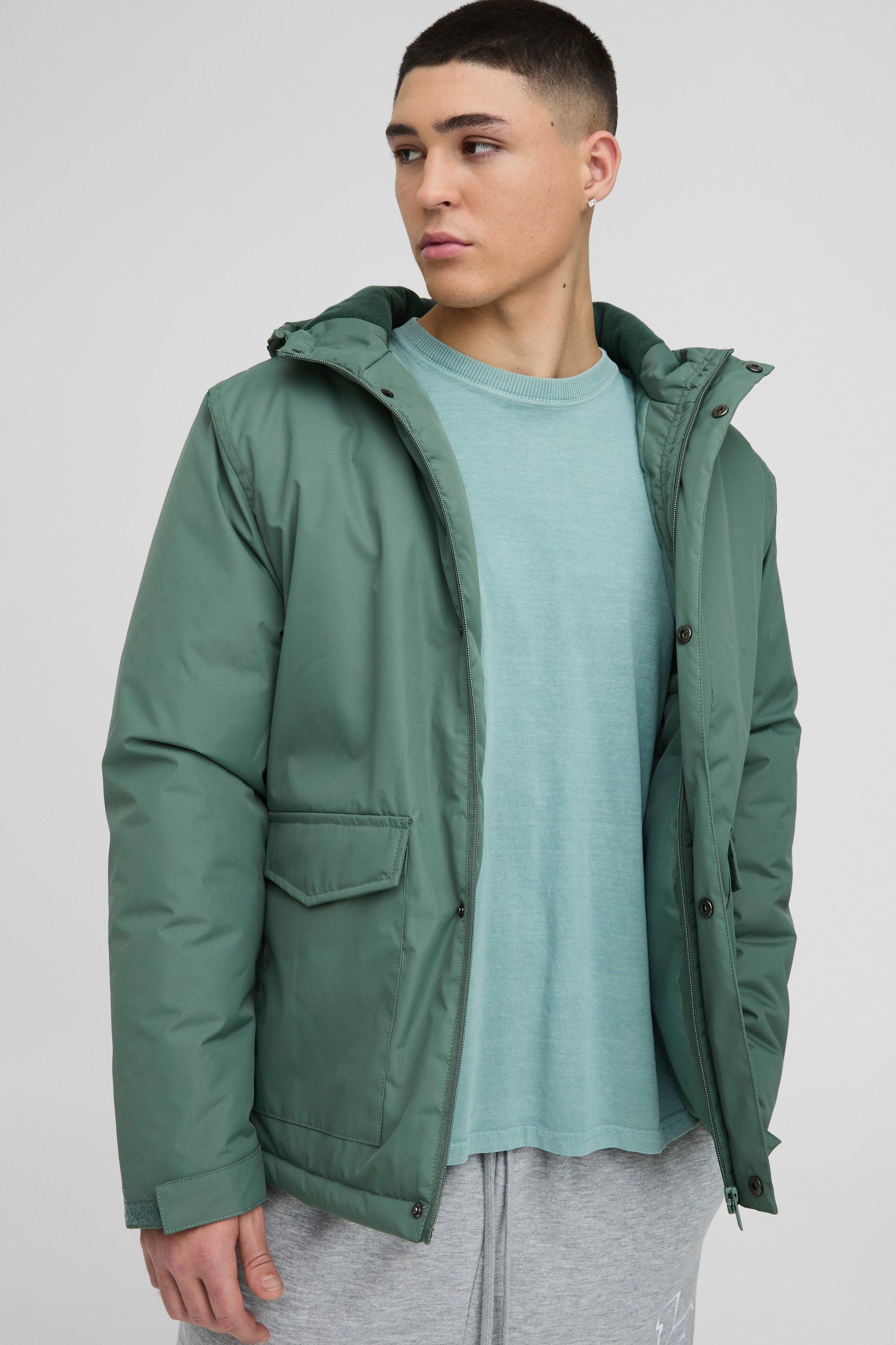 Mens Green Regular Fit Hooded Parka Jacket, Green