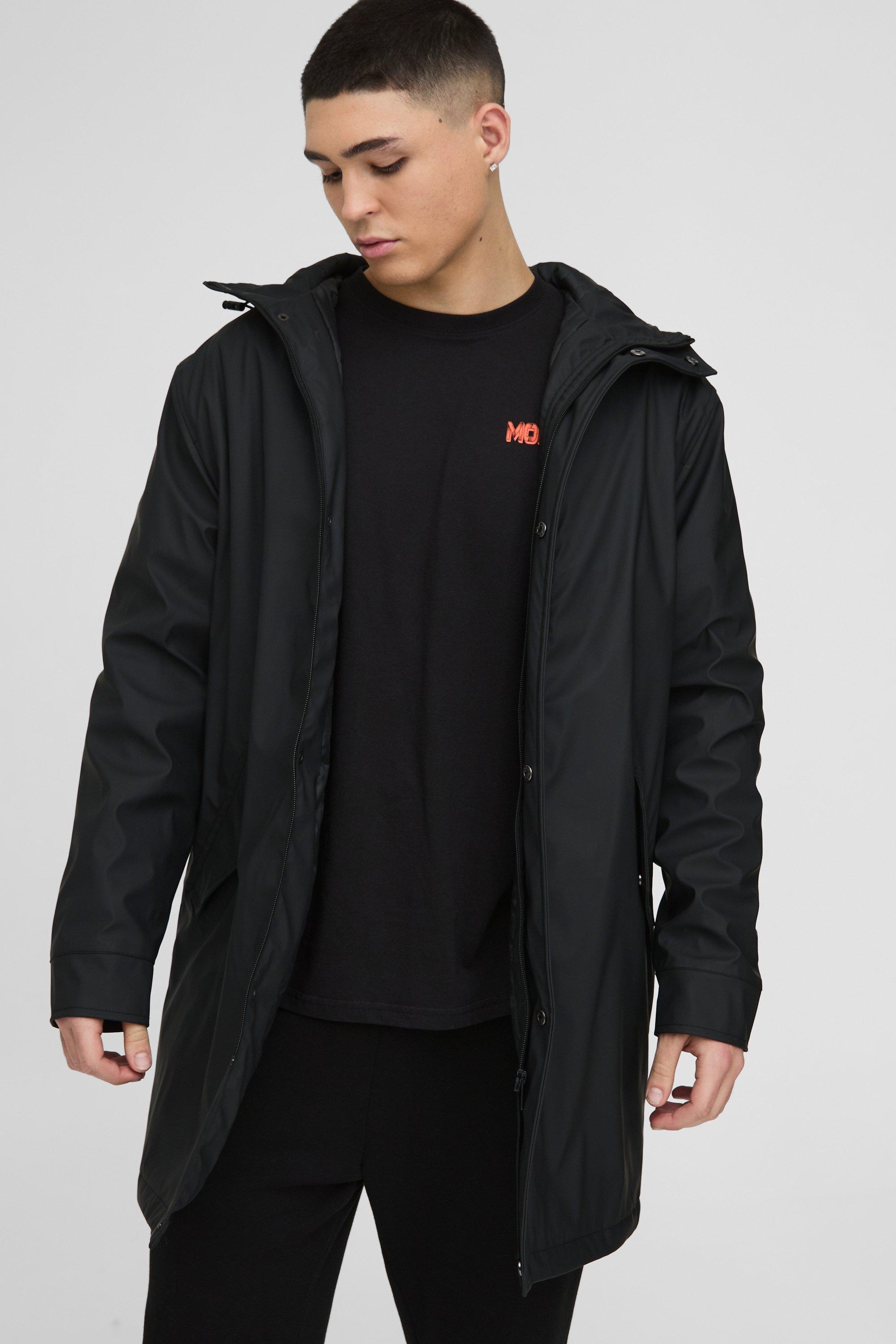 Mens Black Regular Fit Longline Shower Resistant Mac Jacket, Black