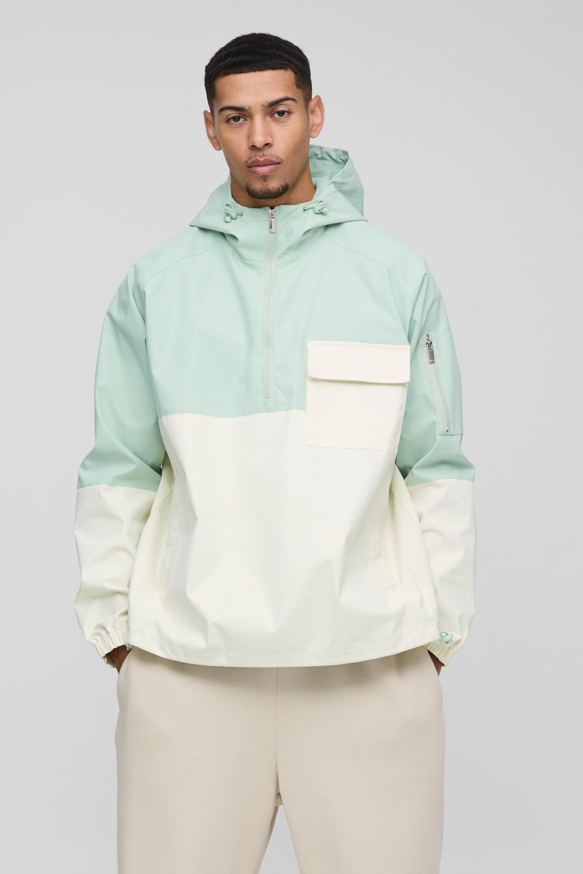 Oversized Colour Block Pocket Detail Hooded Cagoule Raincoat