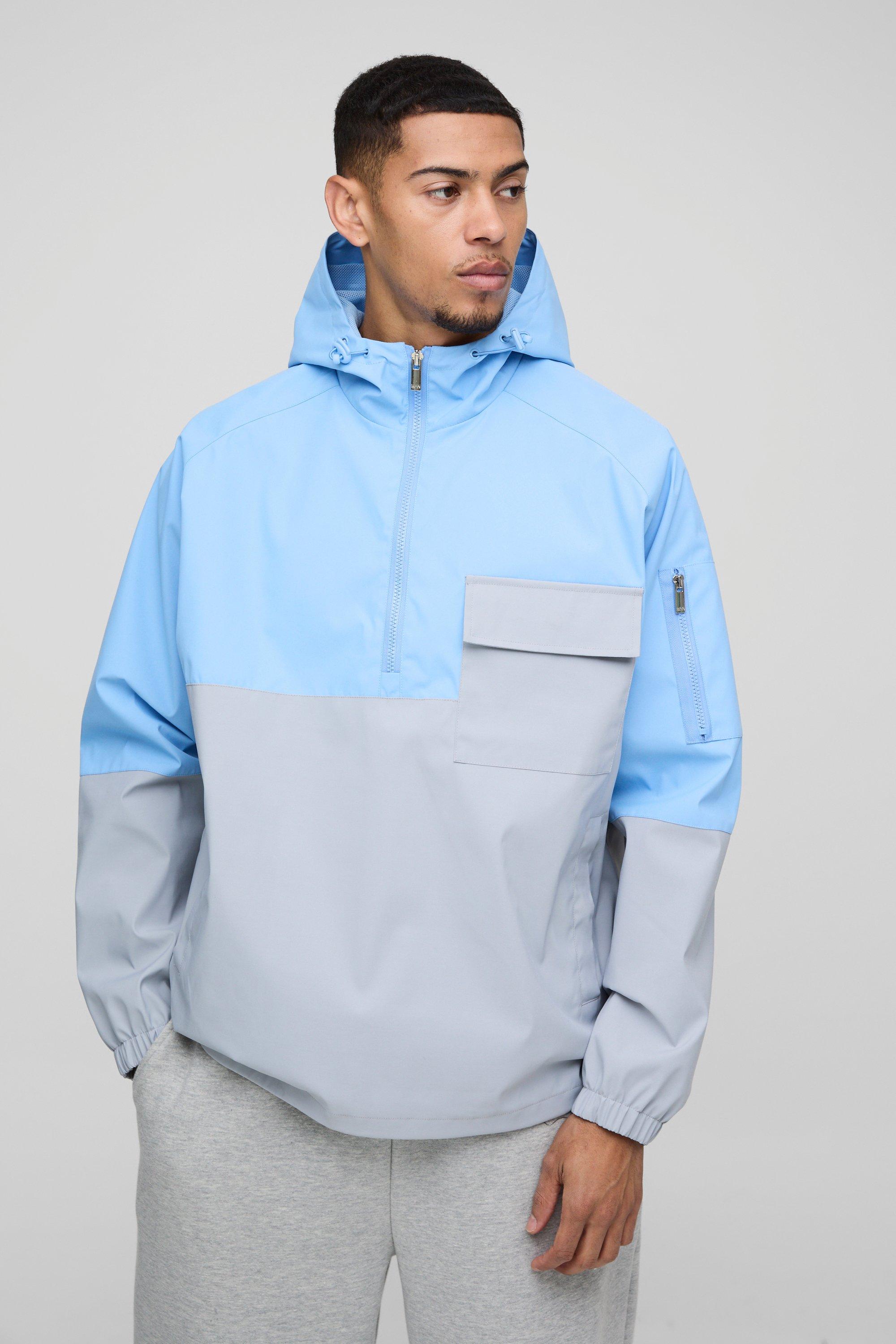 Mens Blue Oversized Colour Block Pocket Detail Hooded Cagoule mac, Blue
