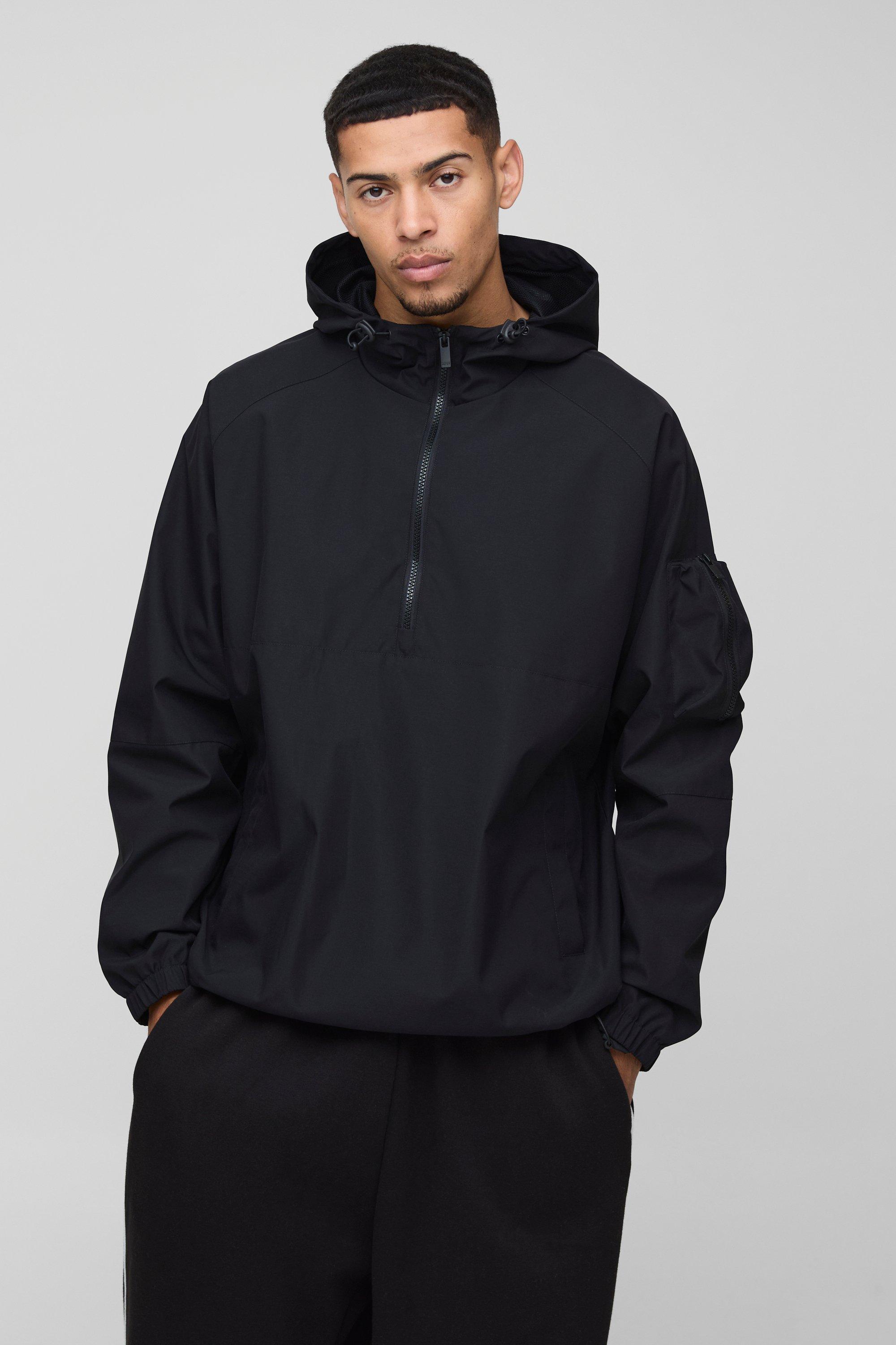 Mens Black Oversized Hooded Cagoule mac, Black
