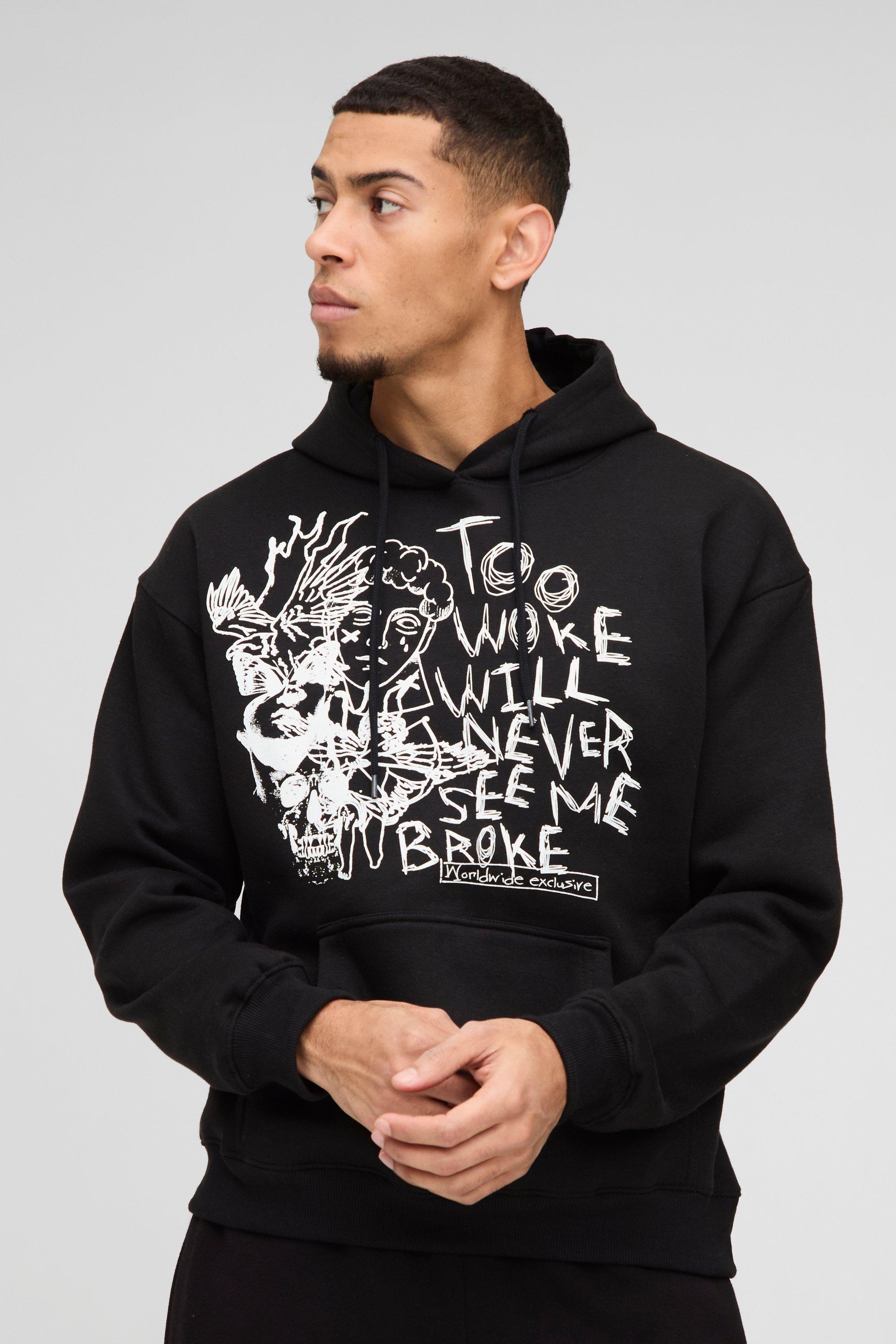 Mens Black Washed Too Woke Graphic Hoodie, Black