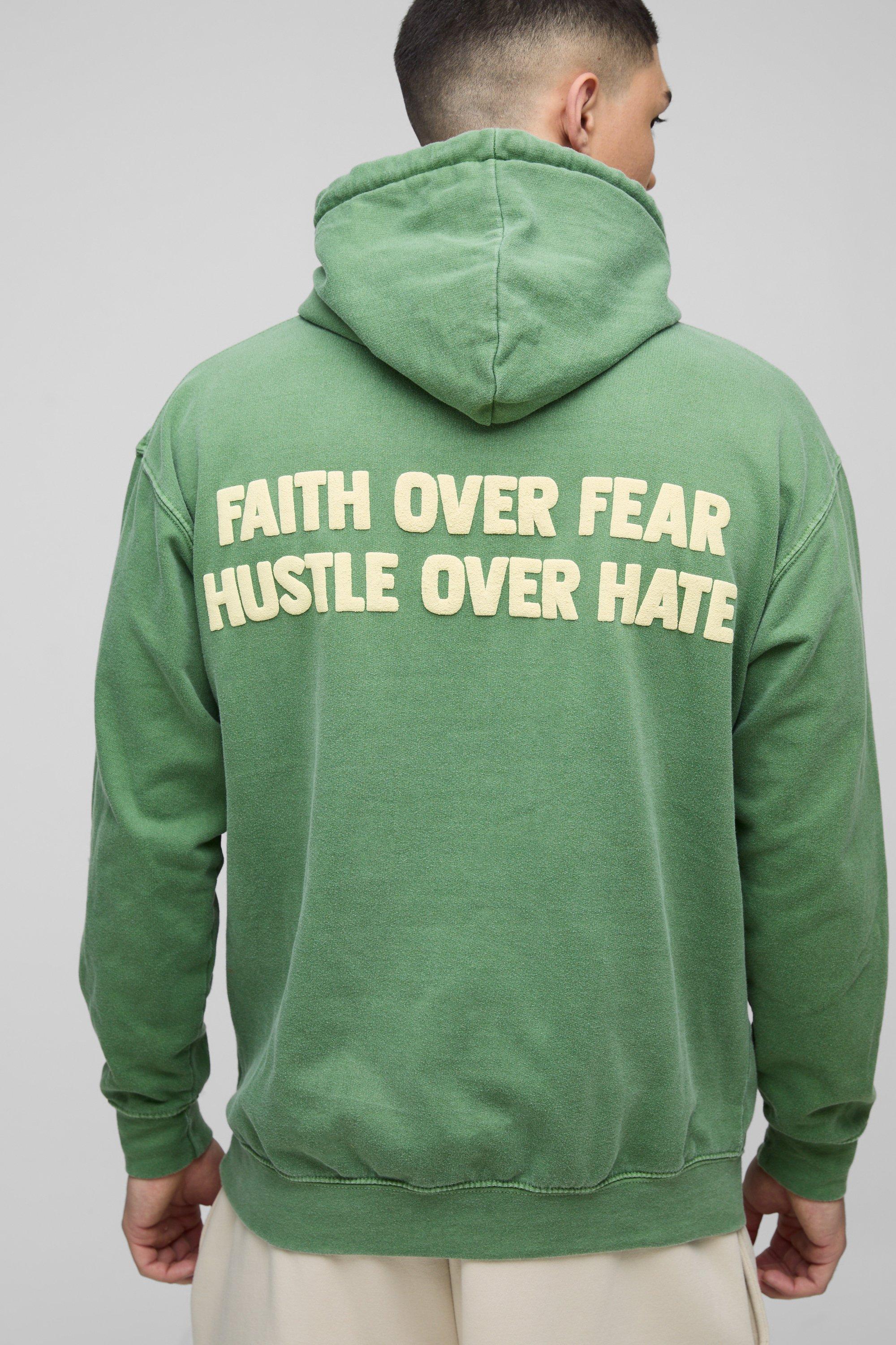 Felpa con grafica Faith Over Fear, testo a caratteri arrotondati e cappuccio, Verde