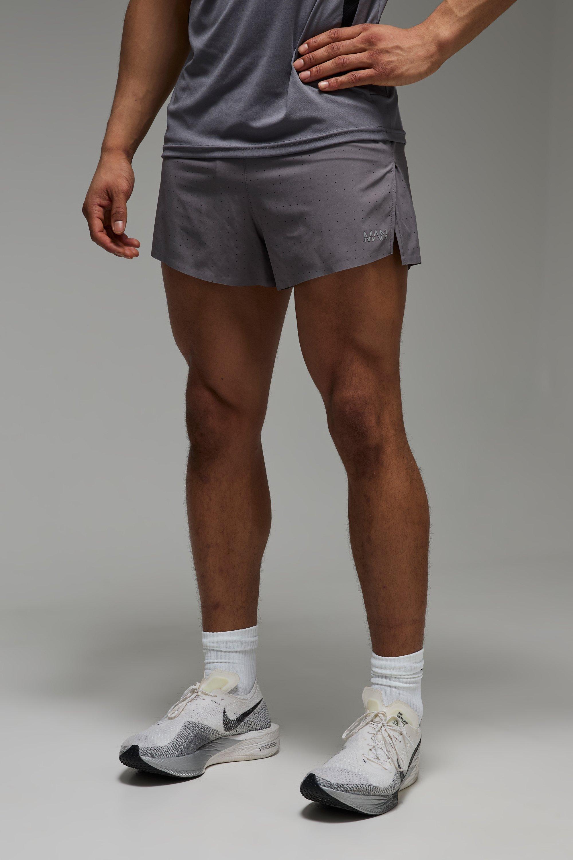 Mens Grey Man Active Perforated 3inch 2 in 1 Bonded Hem Split Running Short, Grey
