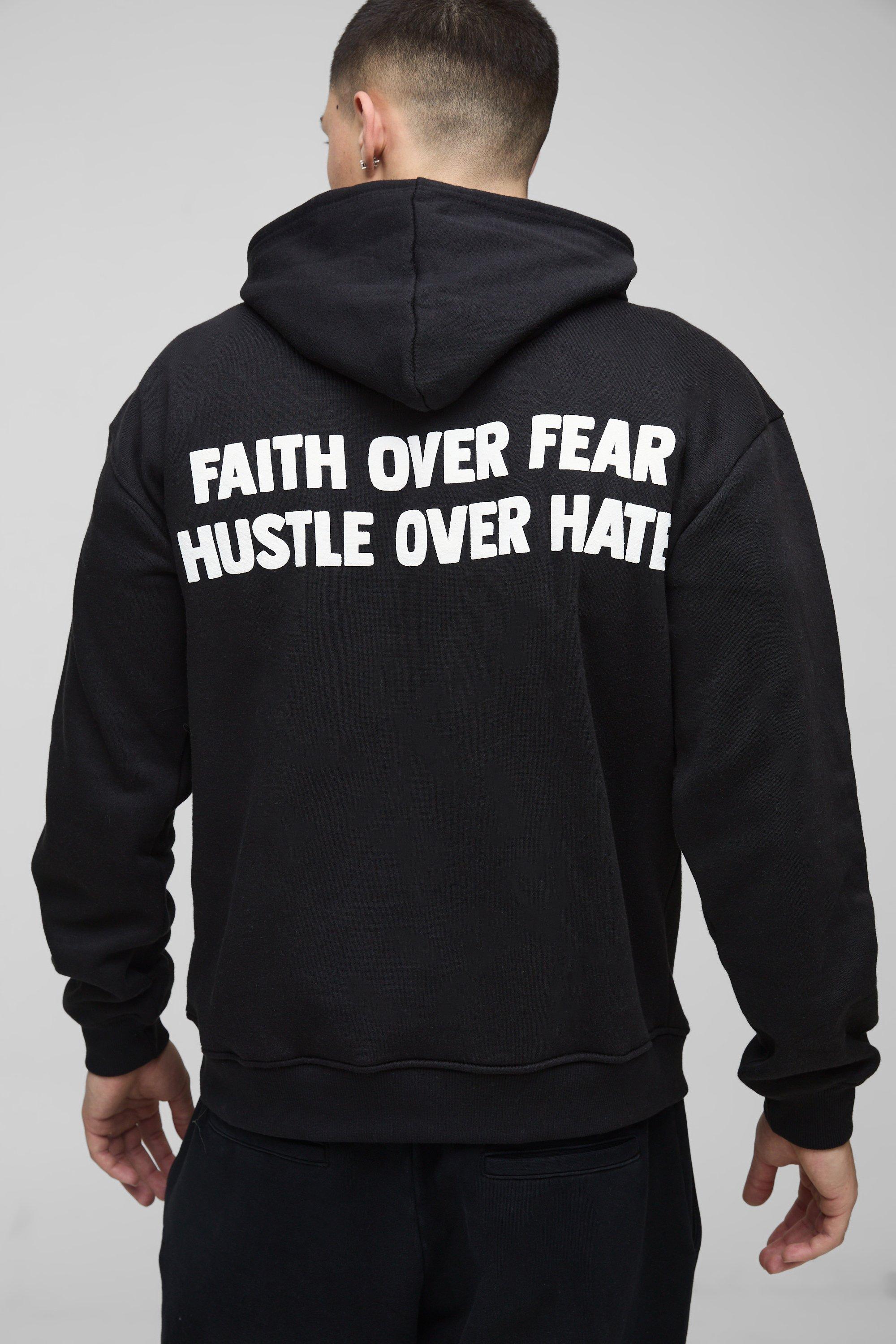 Mens Black Faith Over Fear Text Puff Print Graphic Hoodie, Black