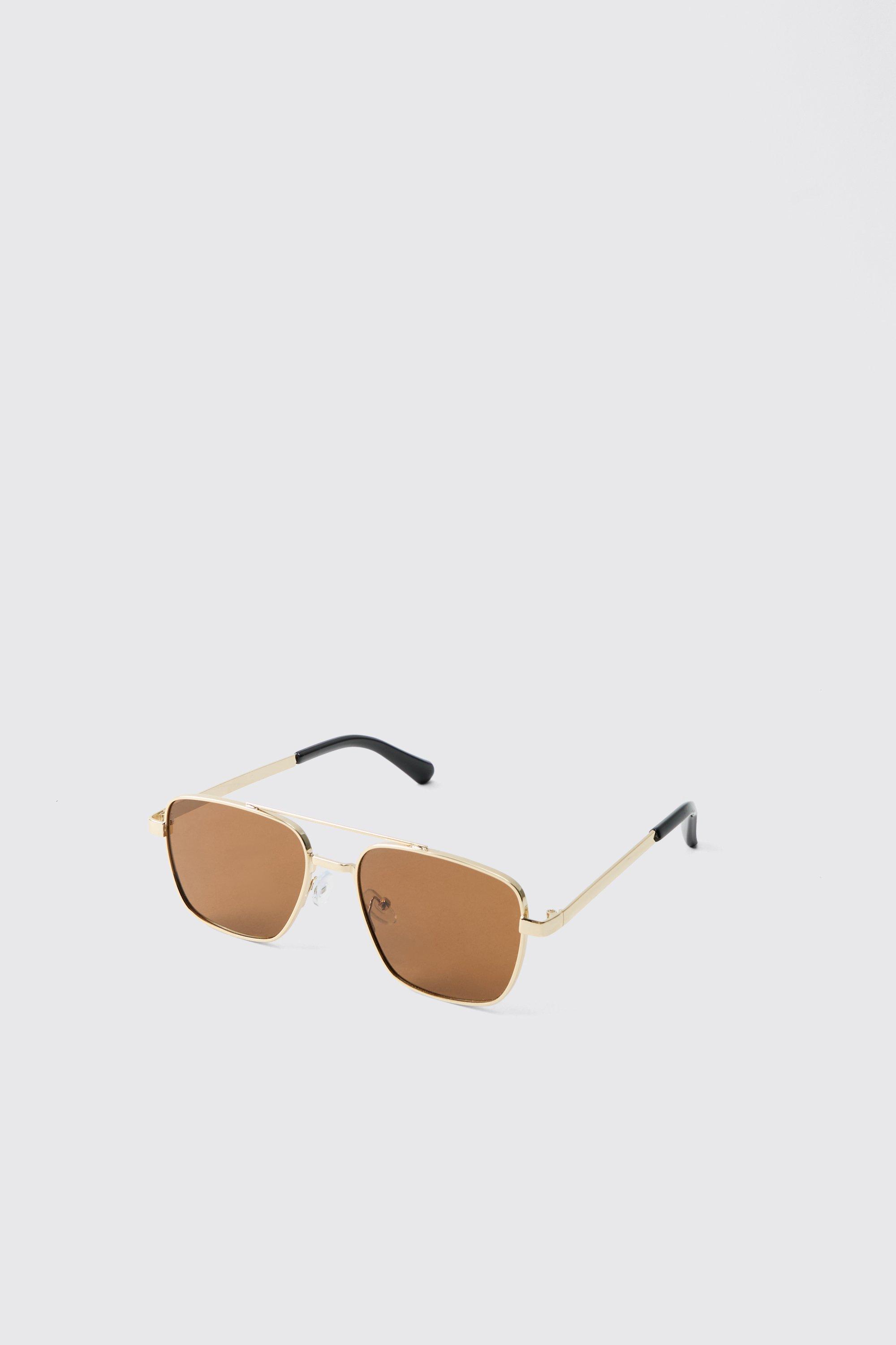 Mens Metallics Gold Metal With Brown Lense Aviator Sunglasses, Metallics