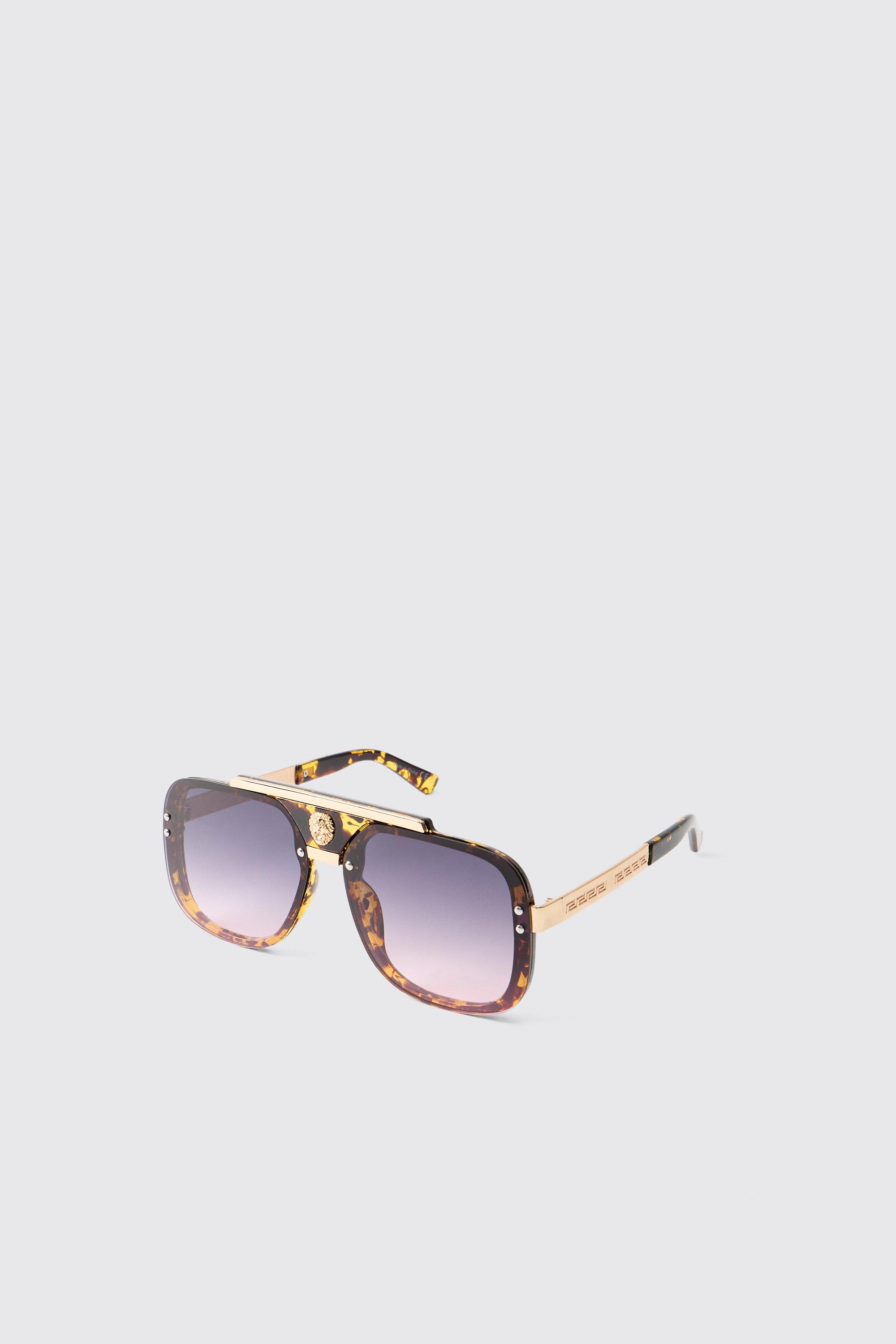 Mens Brown Metal Detail Tortoise Visor Sunglasses, Brown
