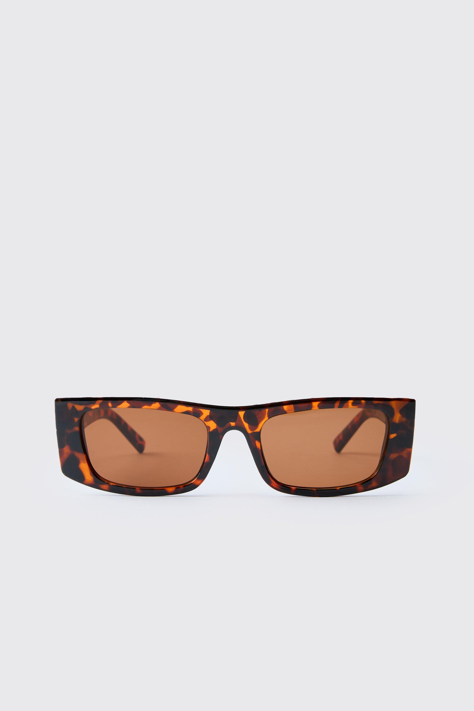 Mens Brown Tortoise Plastic Rectangular Sunglasses, Brown