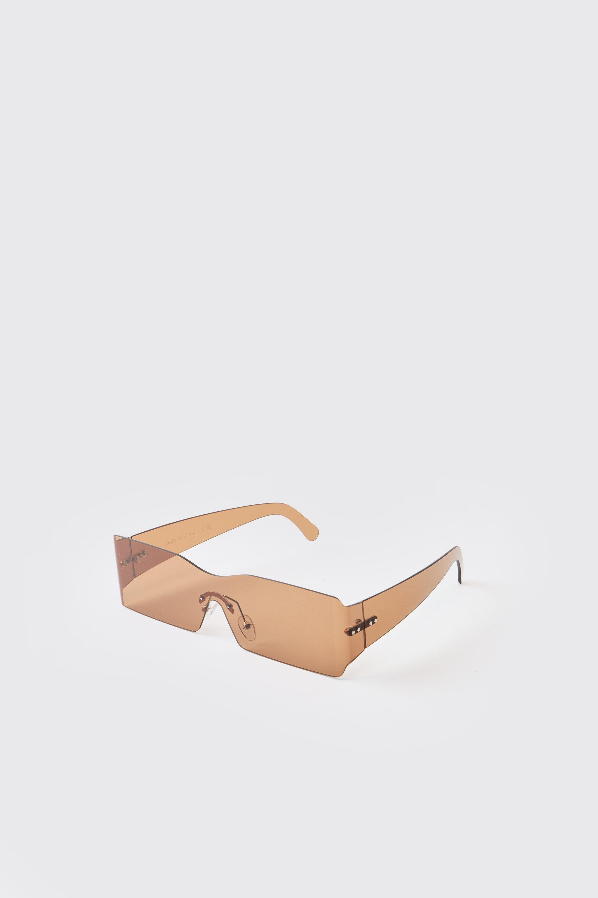 Occhiali da sole rettangolari marroni senza montatura, Brown