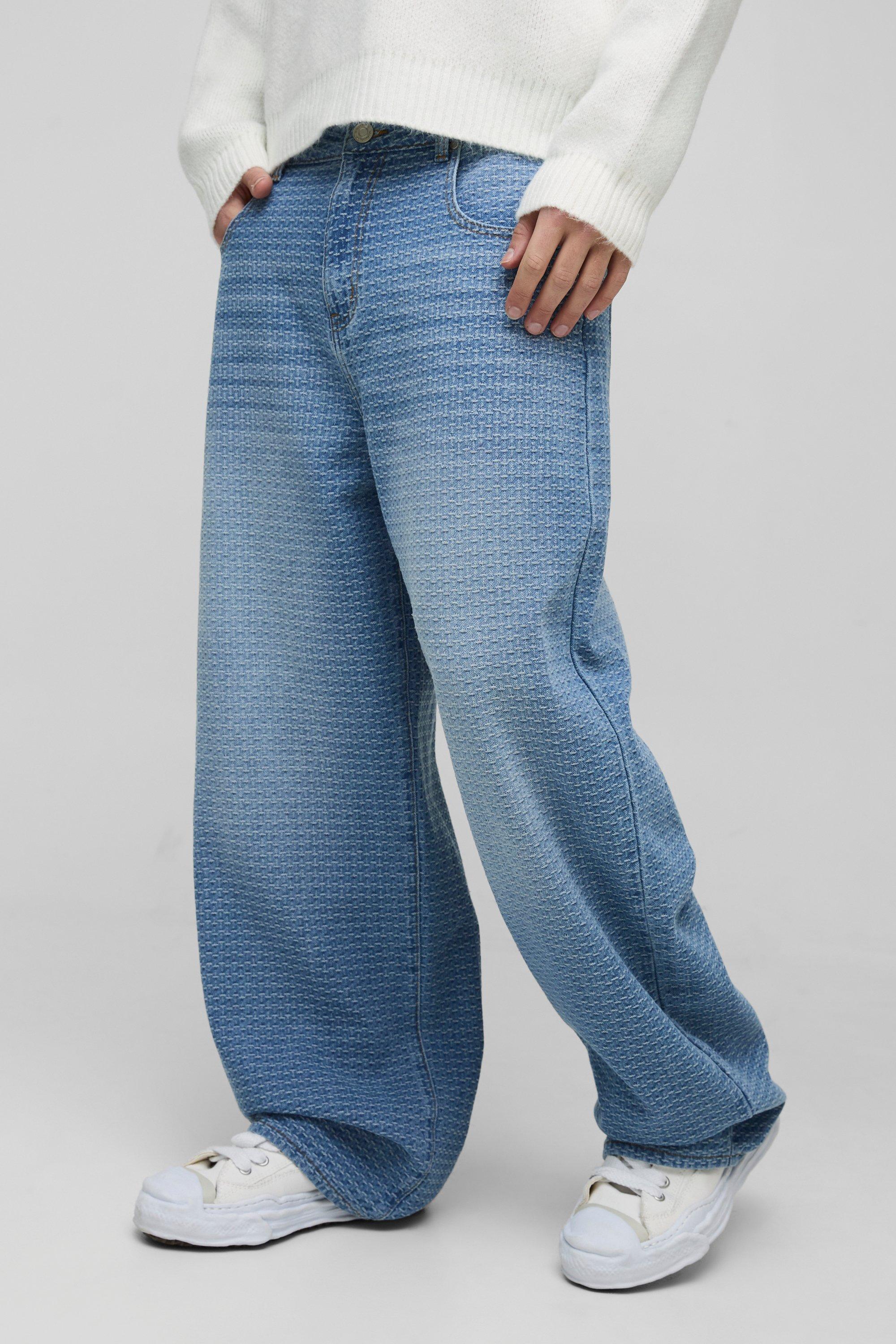 Jeans super extra comodi in denim slavato in jacquard con motivi geometrici, Azzurro