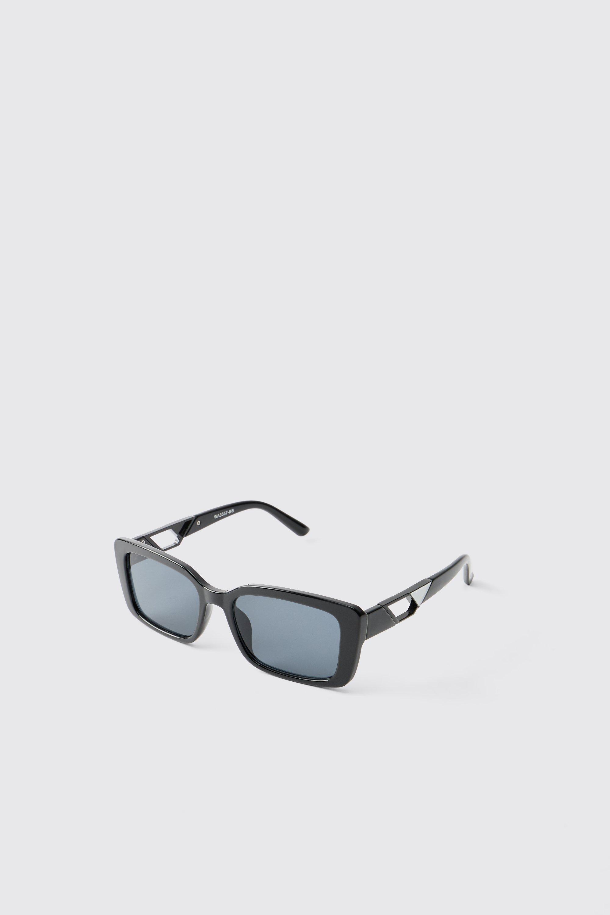 Mens Black Rectangular Sunglasses With Silver Detail, Black