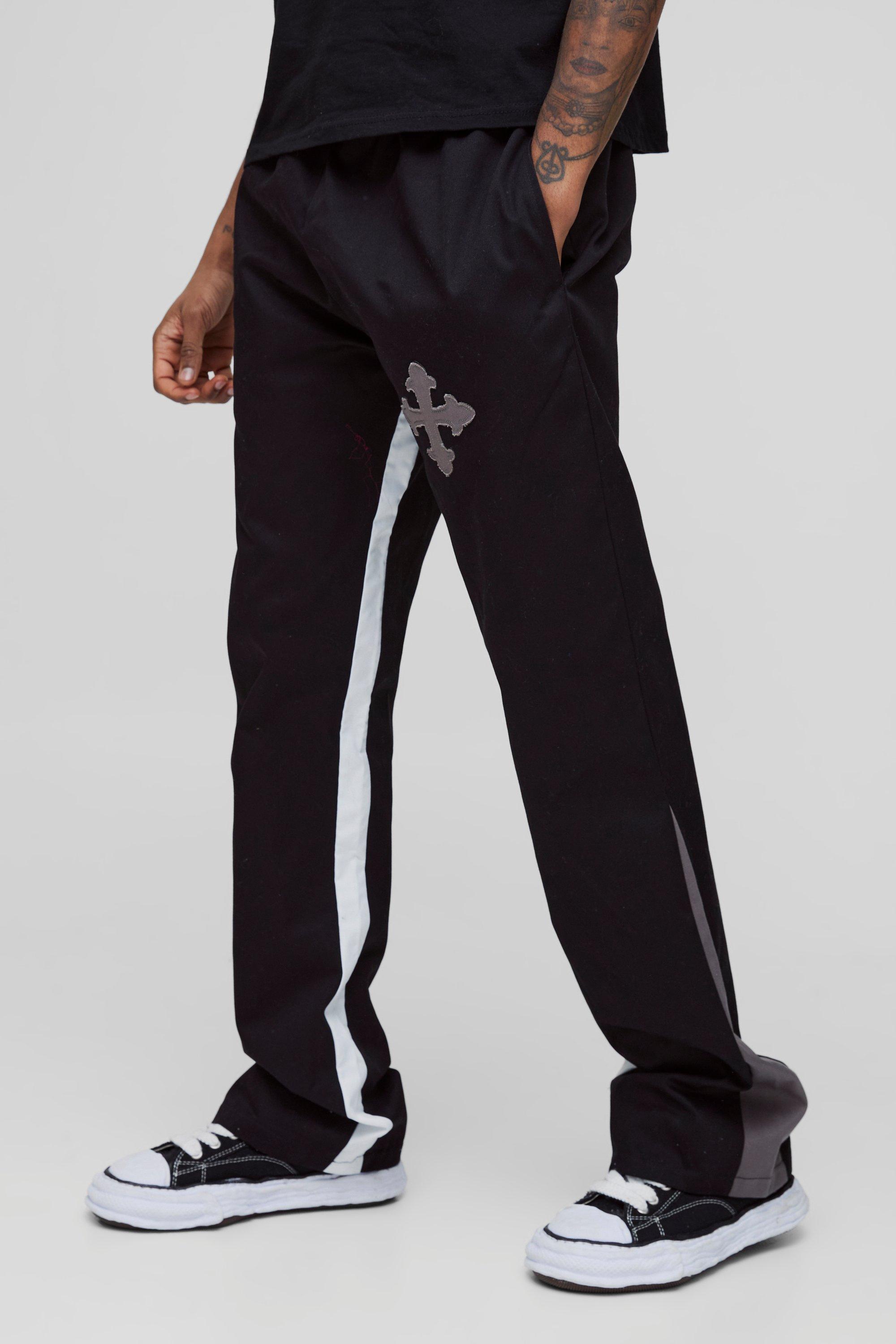 Pantaloni a zampa Tall con applique, laccetti in vita e inserti, Nero