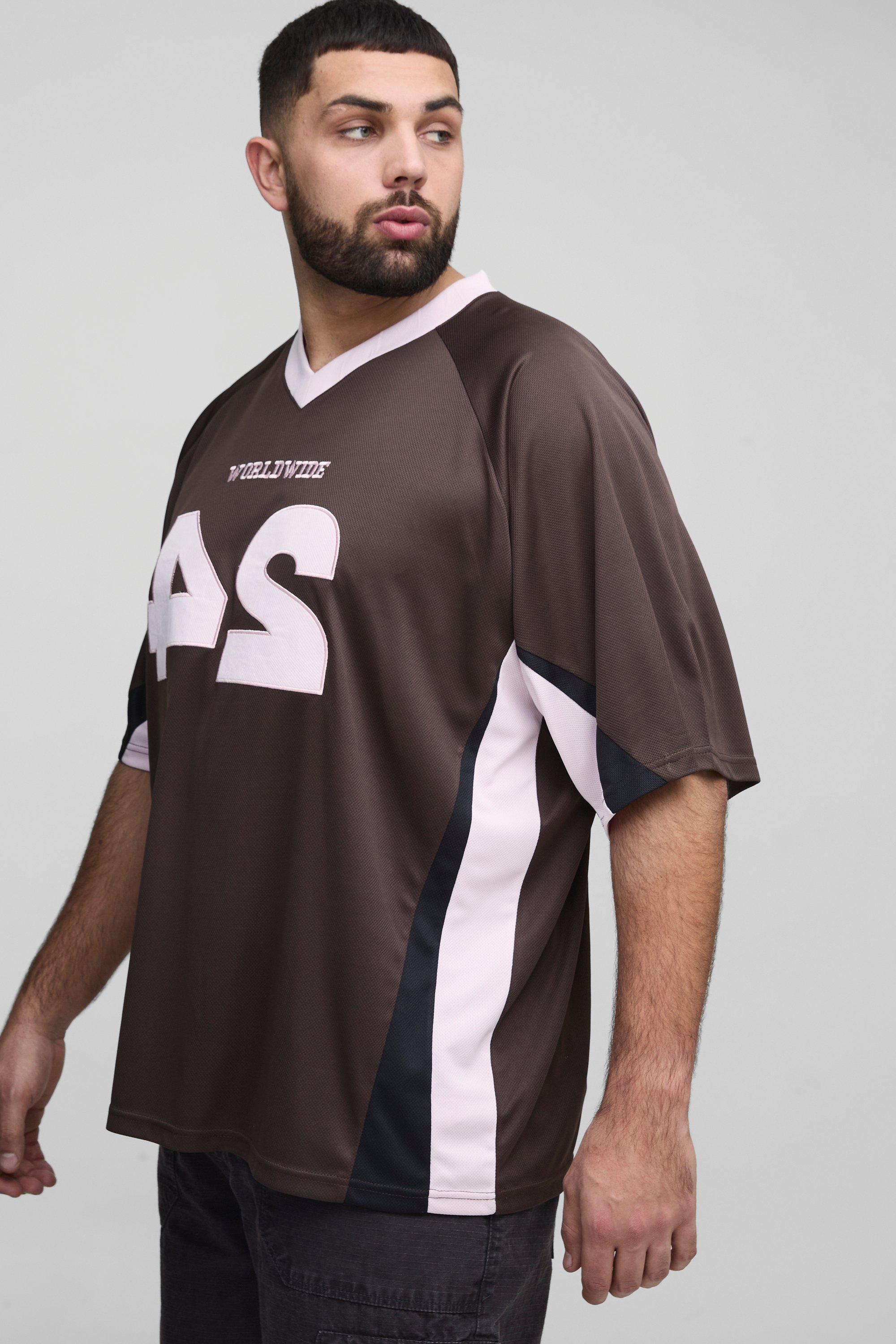 Mens Brown Plus Worldwide Mesh Football T-shirt, Brown