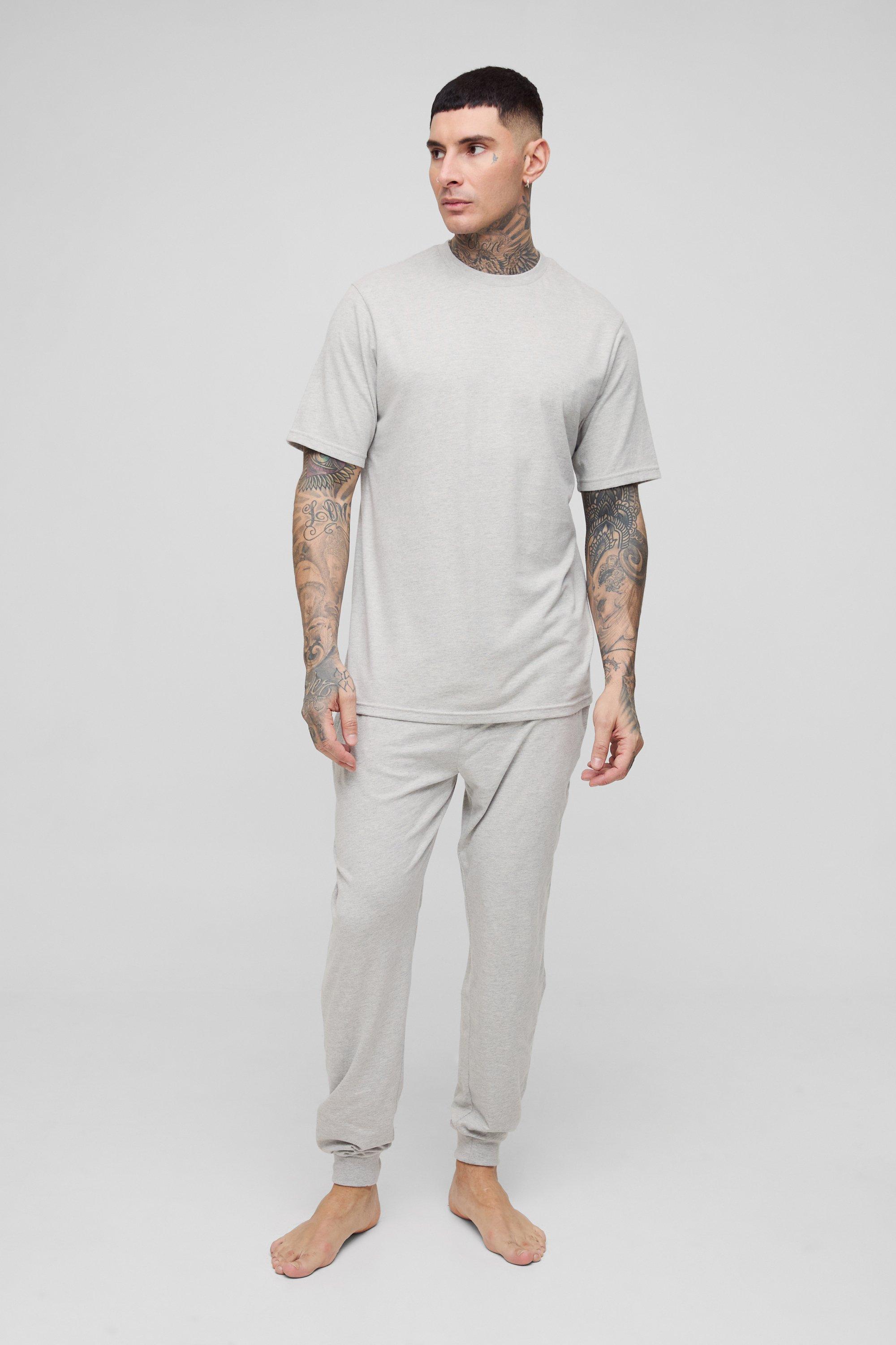 Mens Grey Tall Man Loungewear Cuffed Joggers and T-shirt Set, Grey