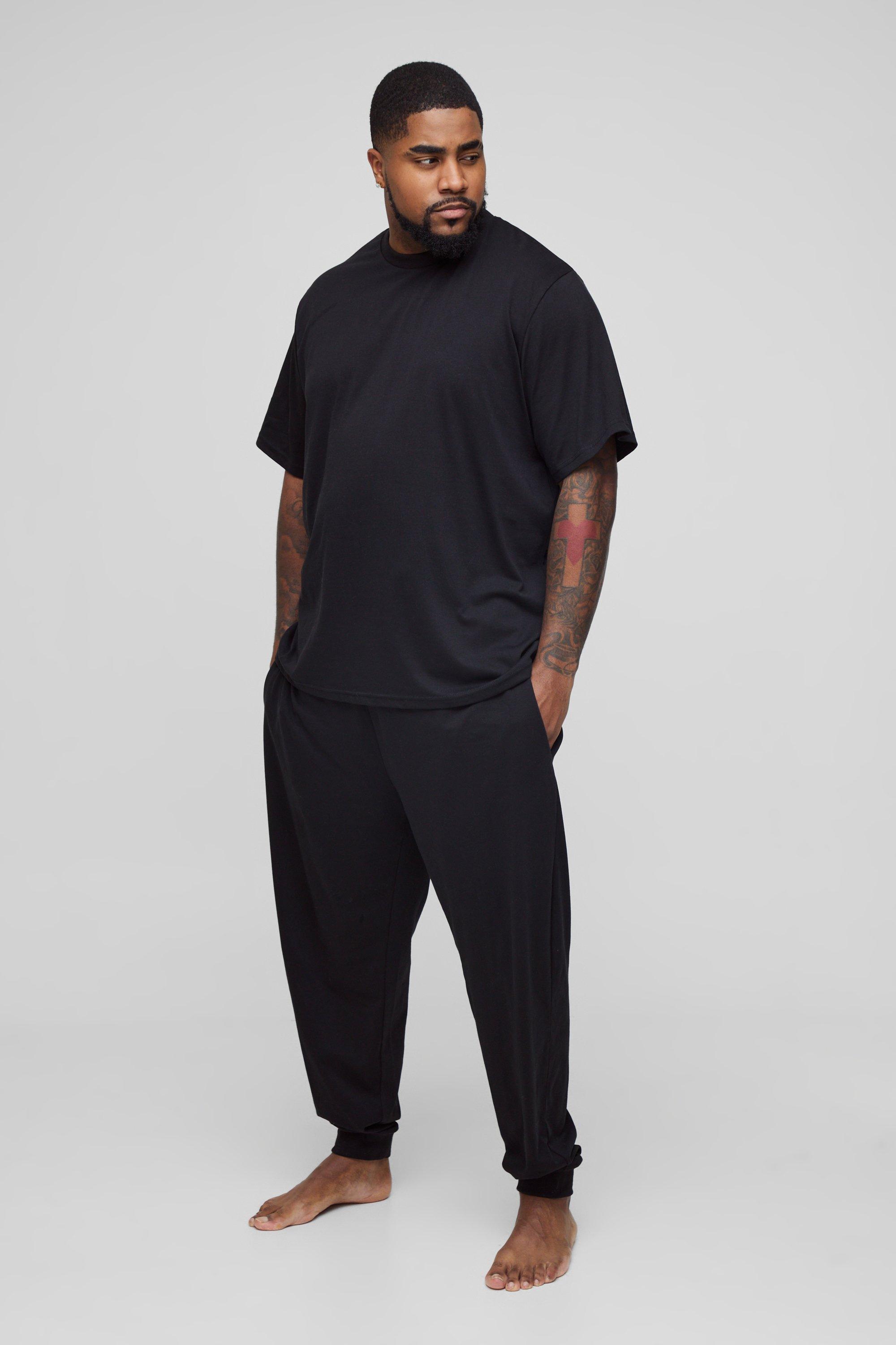 Set Plus Size Loungewear da casa Man - pantaloni tuta con polsini alle caviglie & T-shirt, Nero