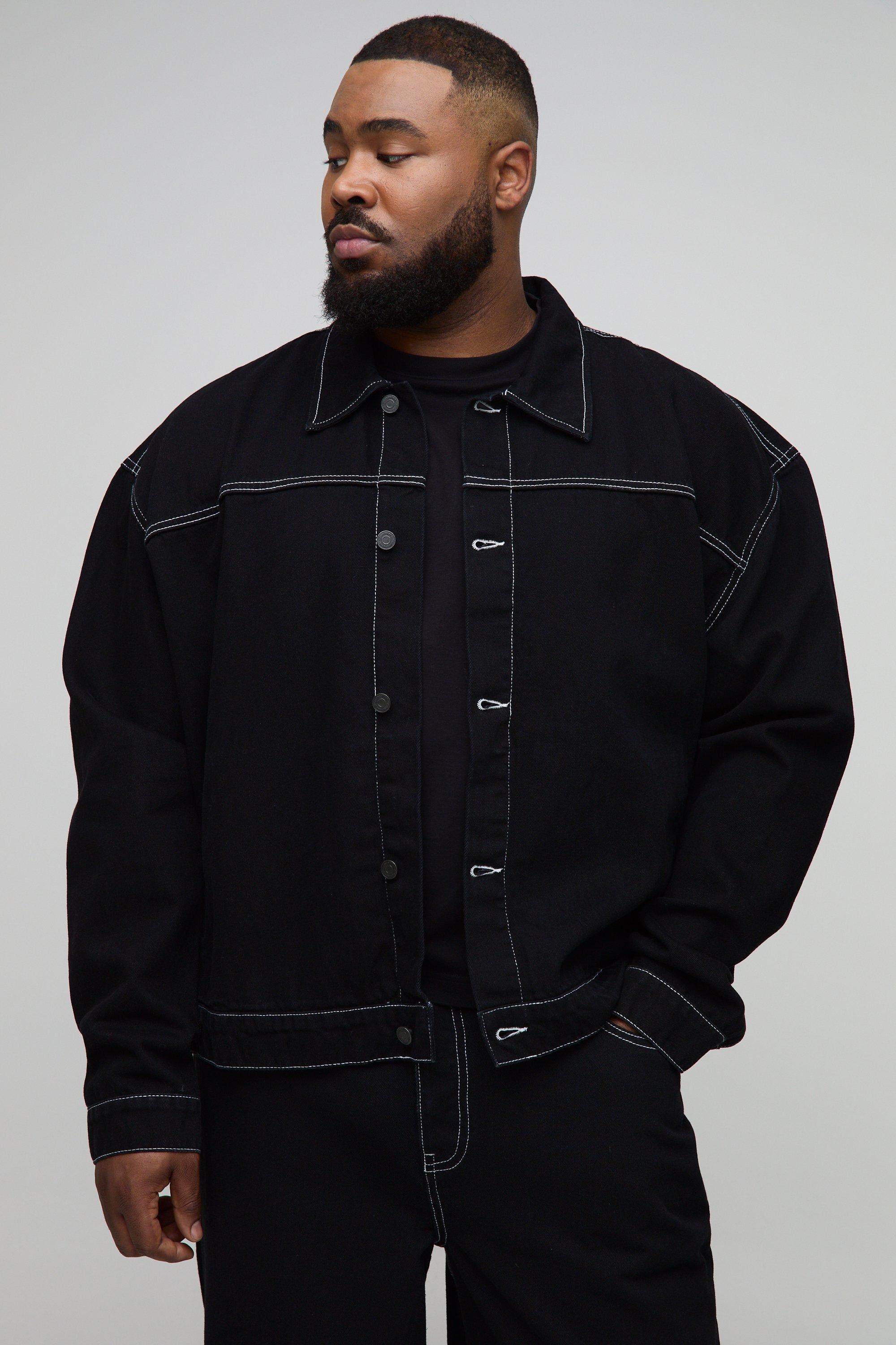 Mens Black Plus Boxy Oversized Contrast Stitch Denim Jacket, Black