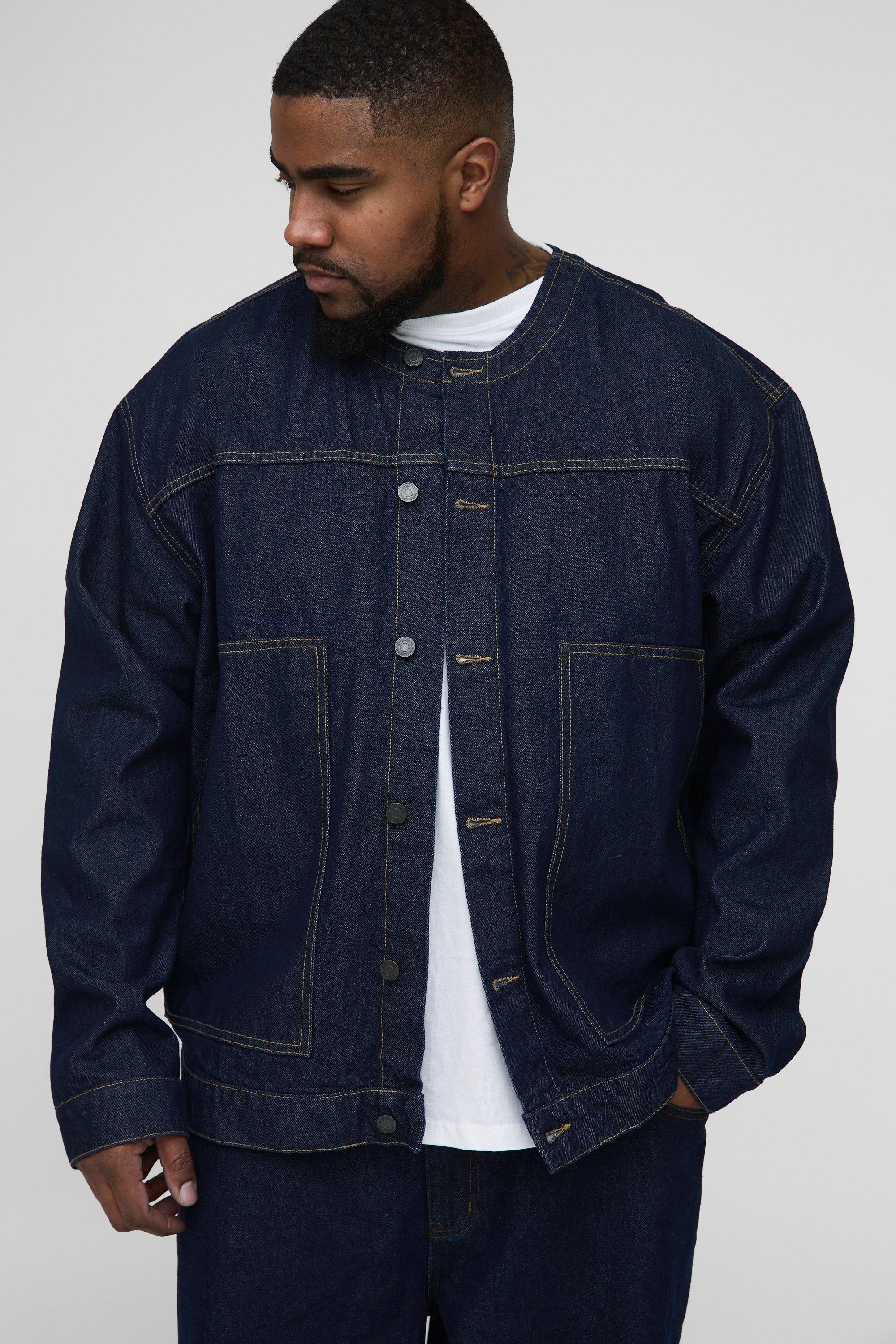 Mens Blue Plus Contrast Stitch Oversized Collarless Denim Jacket, Blue