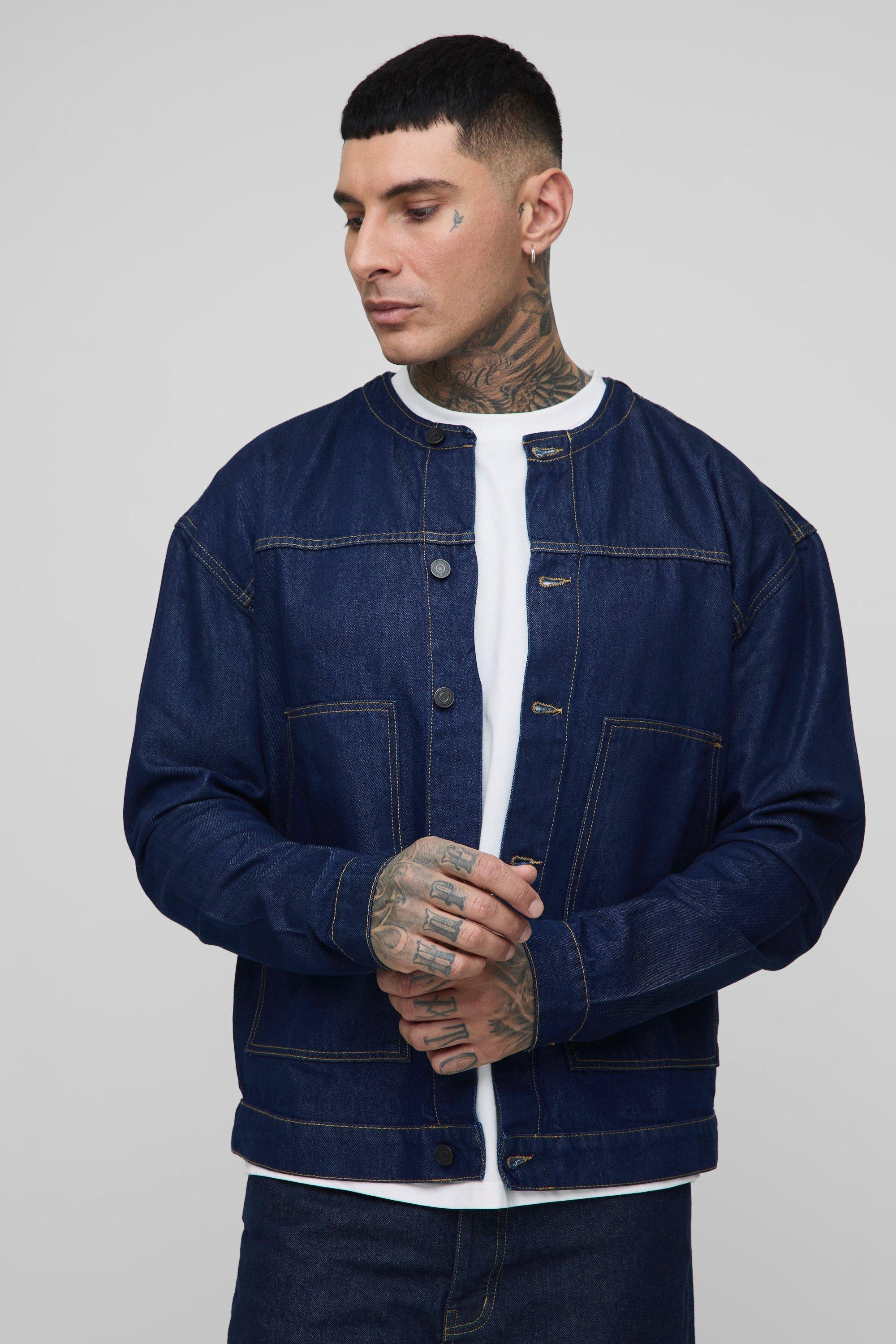 Mens Blue Tall Contrast Stitch Oversized Collarless Denim Jacket, Blue
