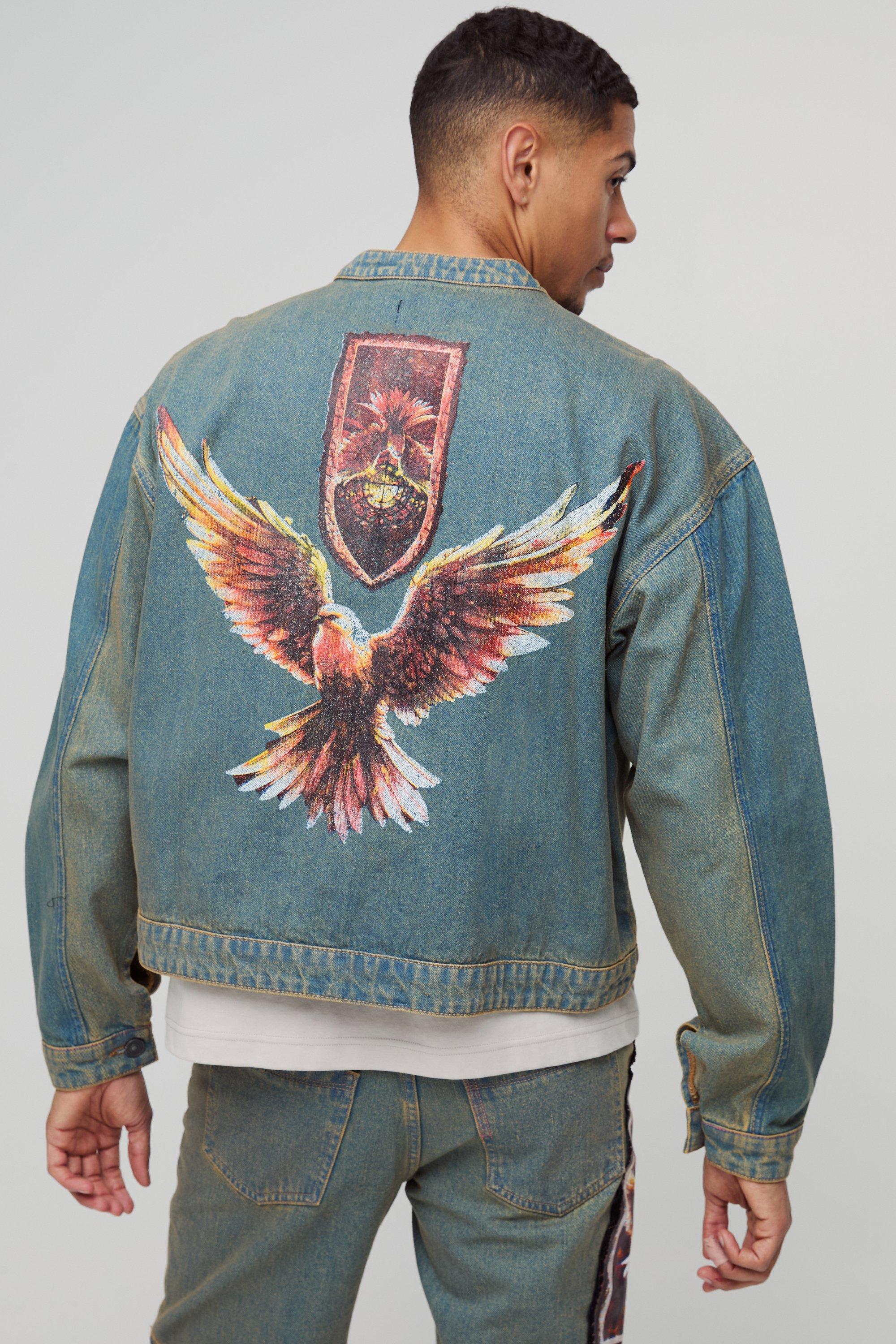 Mens Grey Boxy Fit Biker Gothic Applique Denim Jacket, Grey
