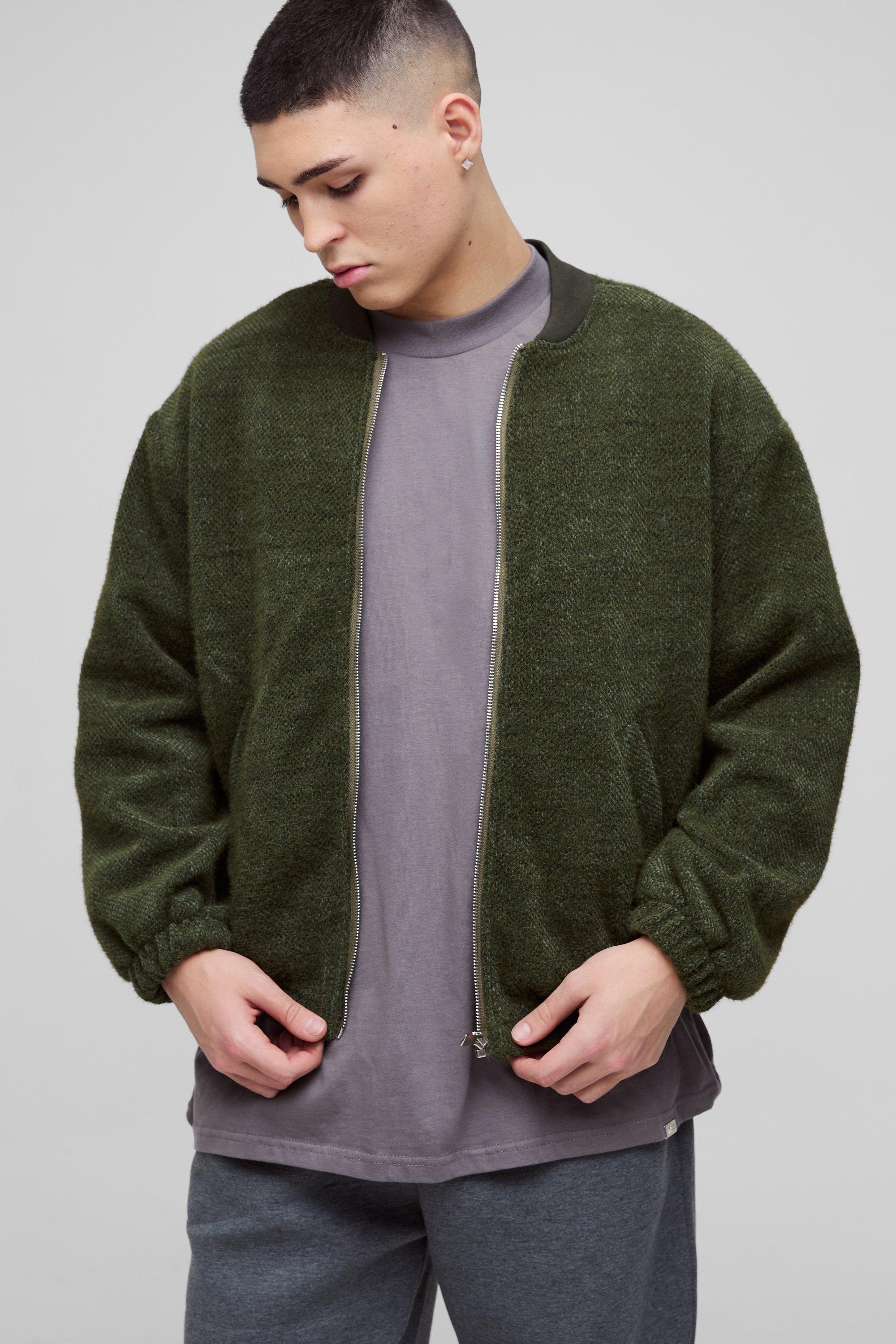 Mens Green Oversized Boxy Fluffy Textured Bomber Jacket, Green