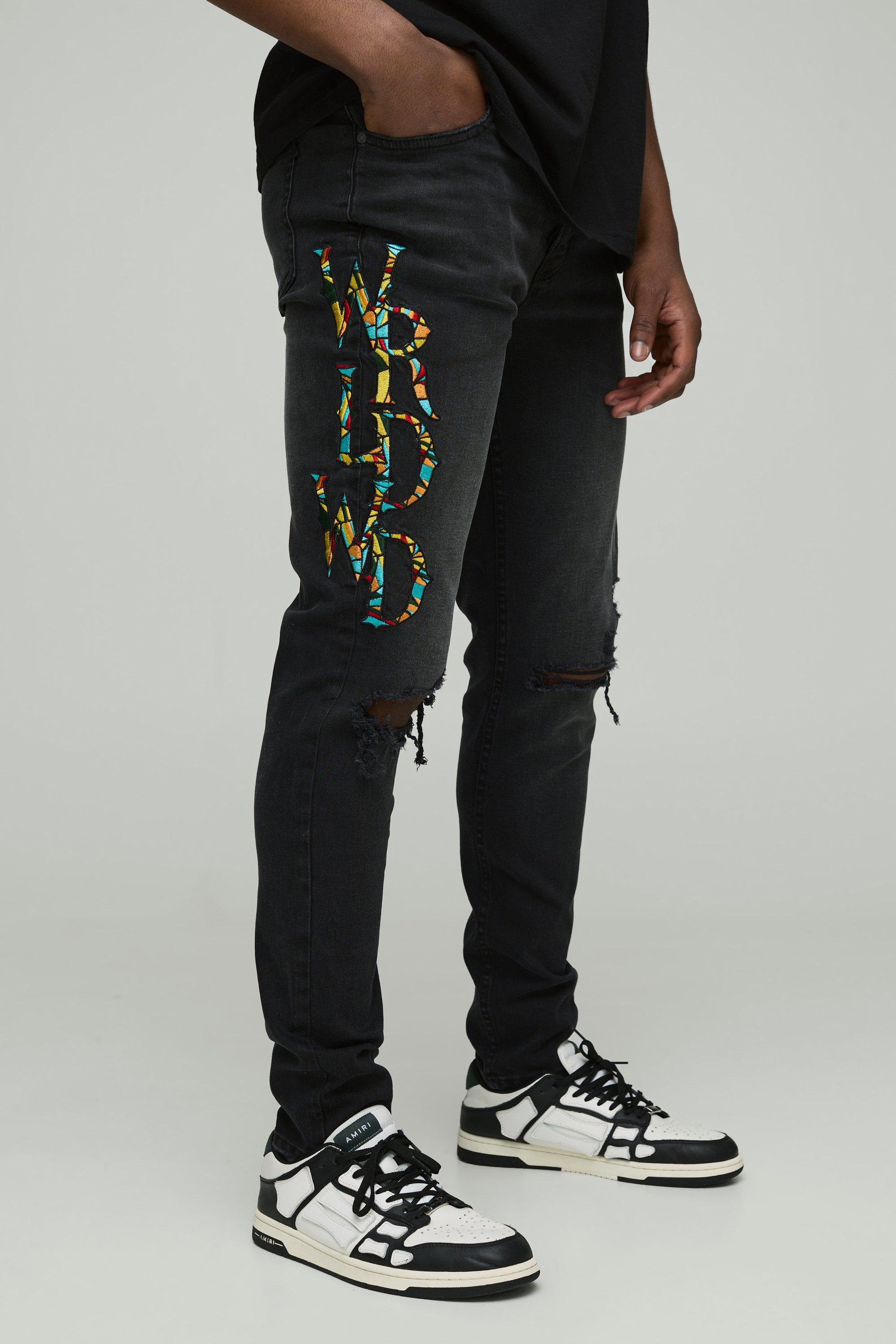 Mens Black Skinny Applique Ripped Jeans, Black