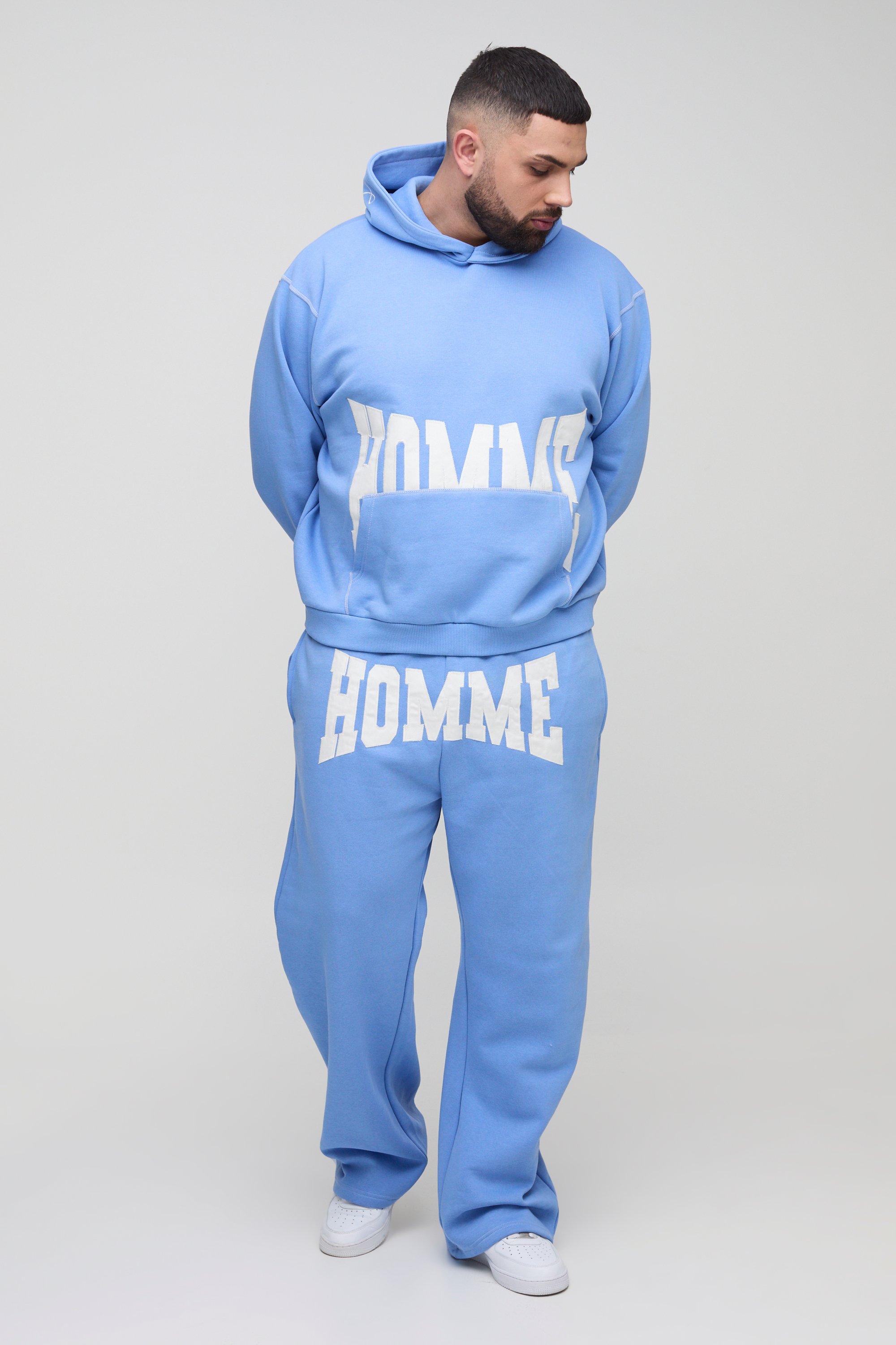 Mens Blue Plus Oversized Boxy Twill Applique Contrast Stitch Hooded Tracksuit, Blue