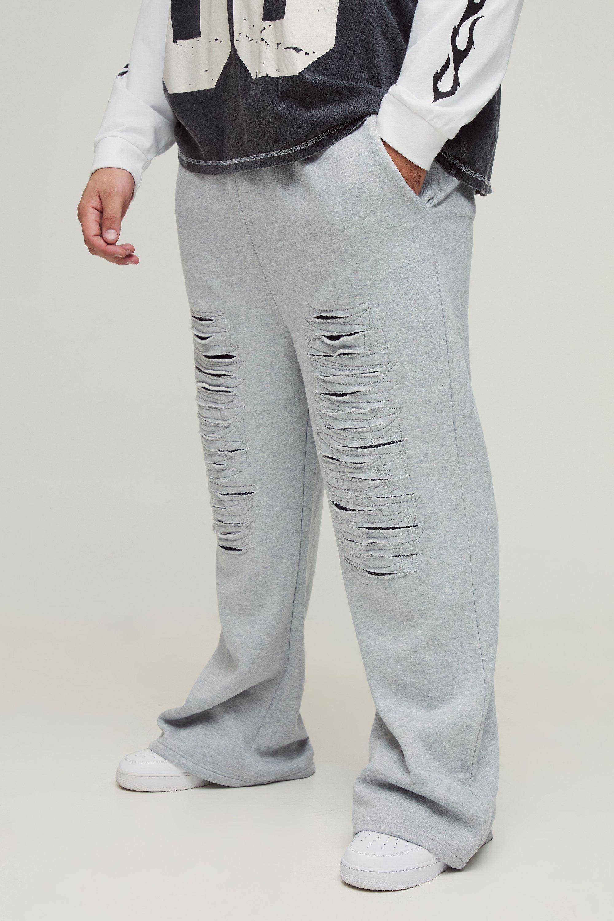 Mens Grey Plus Heavy Weight Relaxed Fit Distressed Flare Joggers, Grey