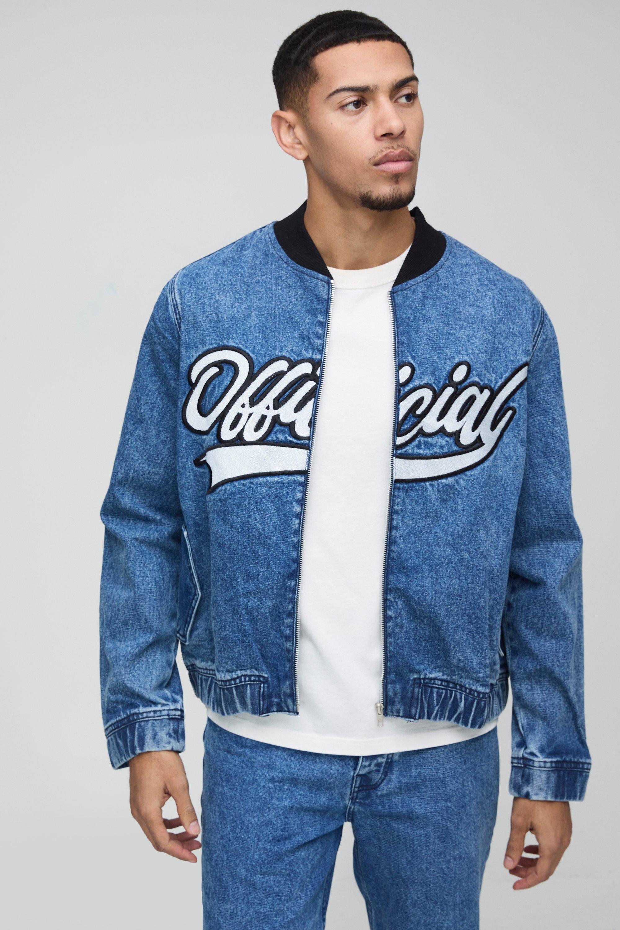 Giacca Bomber squadrata in denim in lavaggio scuro con ricami Official, Azzurro