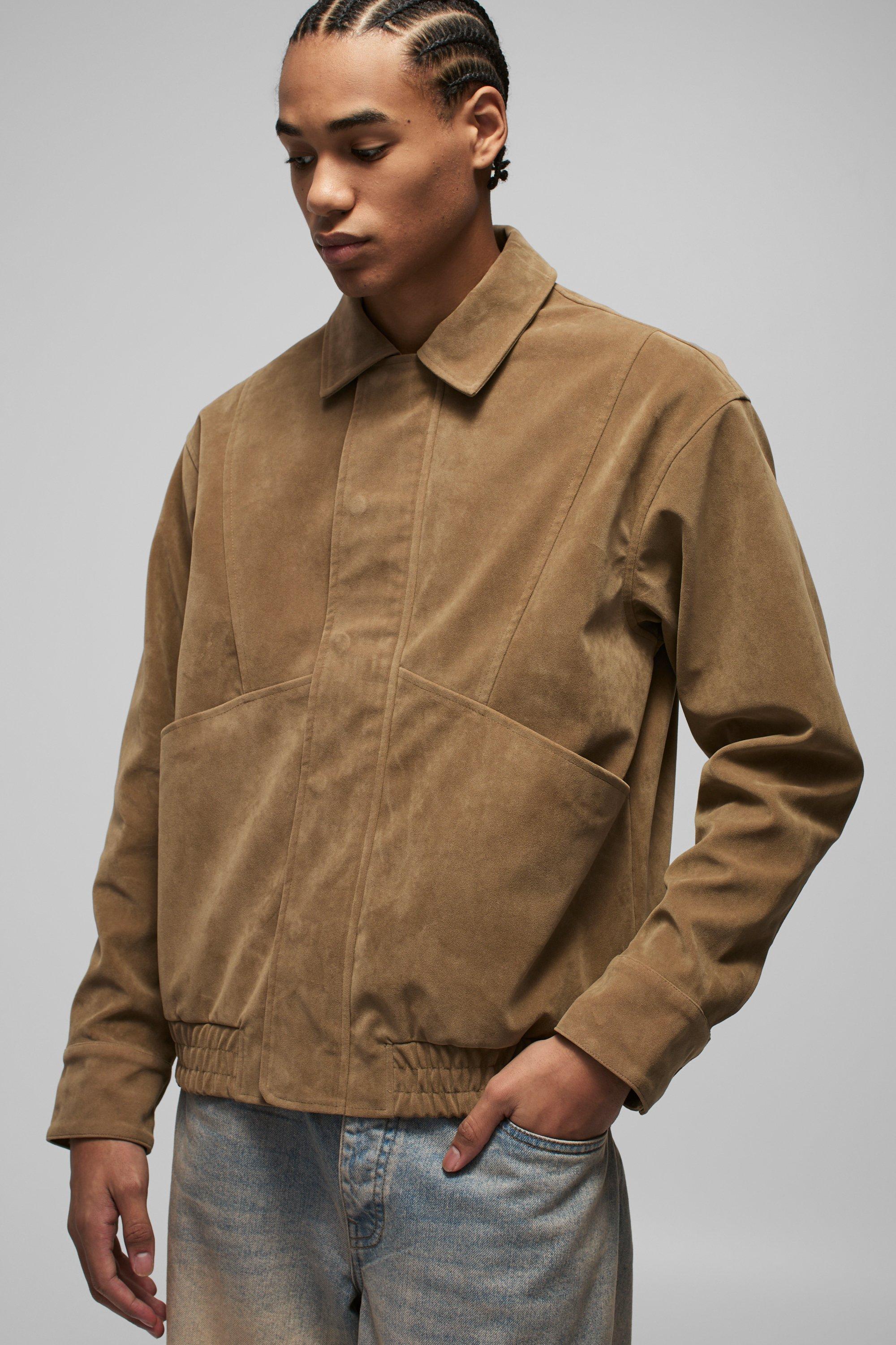 Mens Brown Boxy Faux Suede Pocket Harrington Jacket, Brown