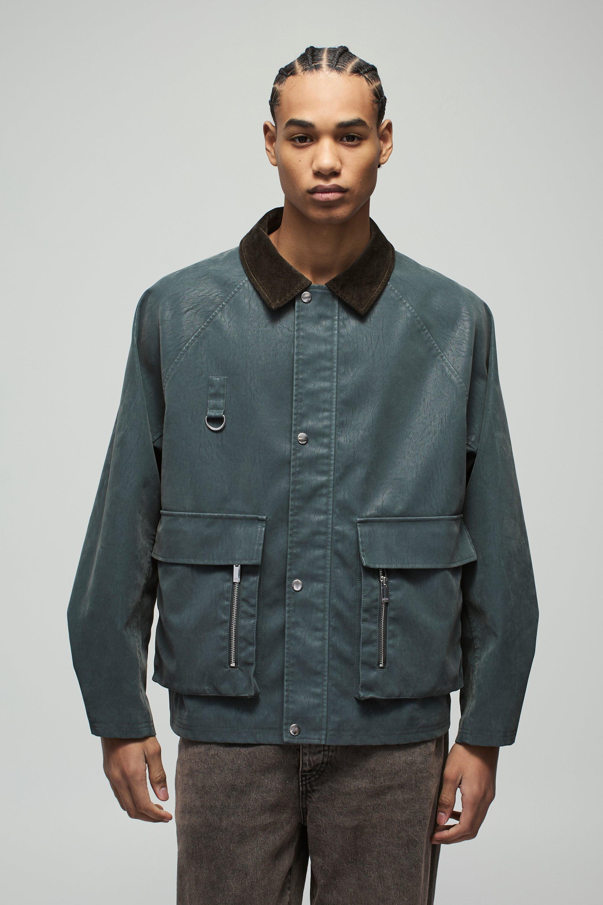Mens Blue Oversized Boxy Peached PU Contrast Collar Worker Jacket, Blue