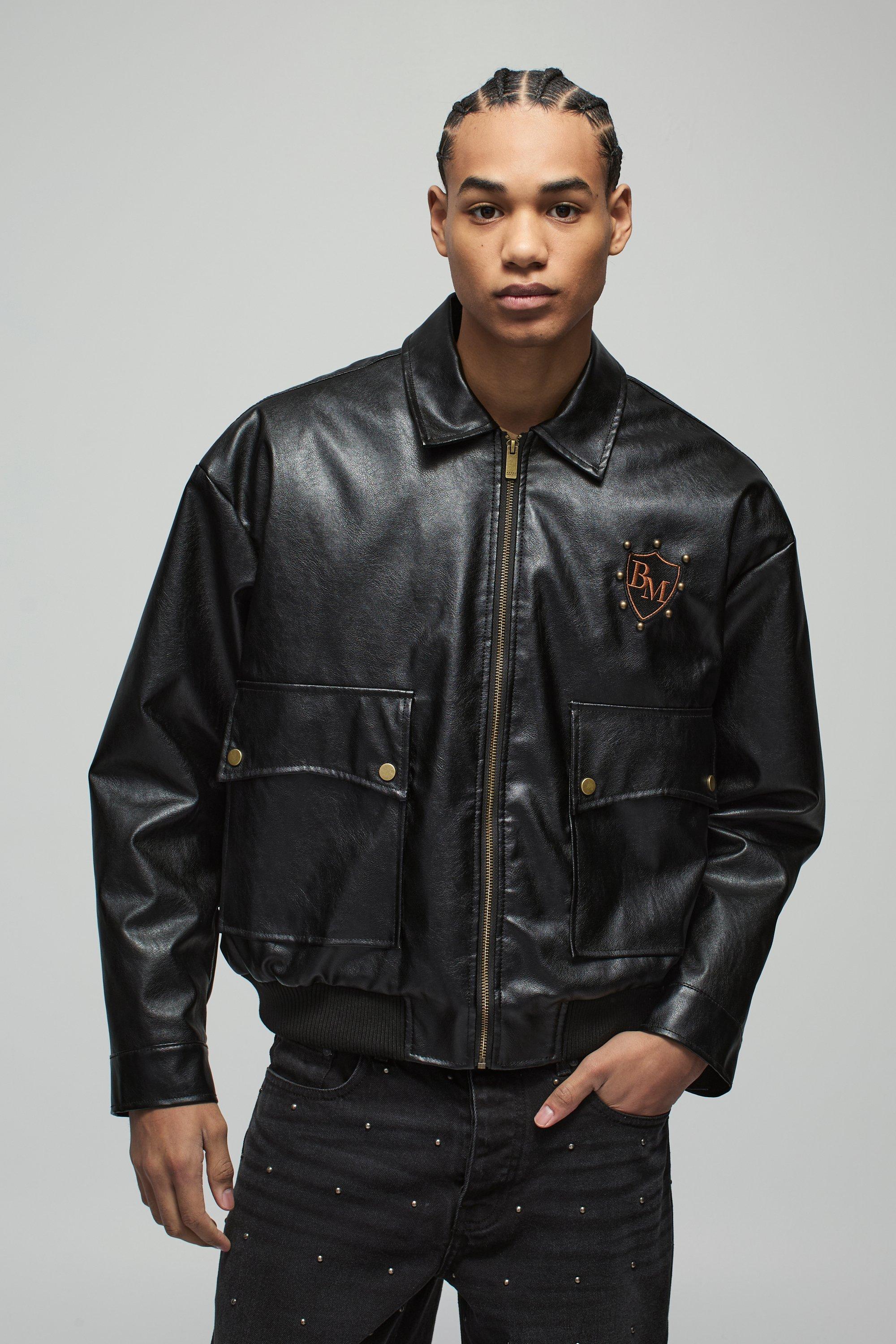 Mens Black Man Oversized Boxy Fringe PU Western Bomber Jacket, Black