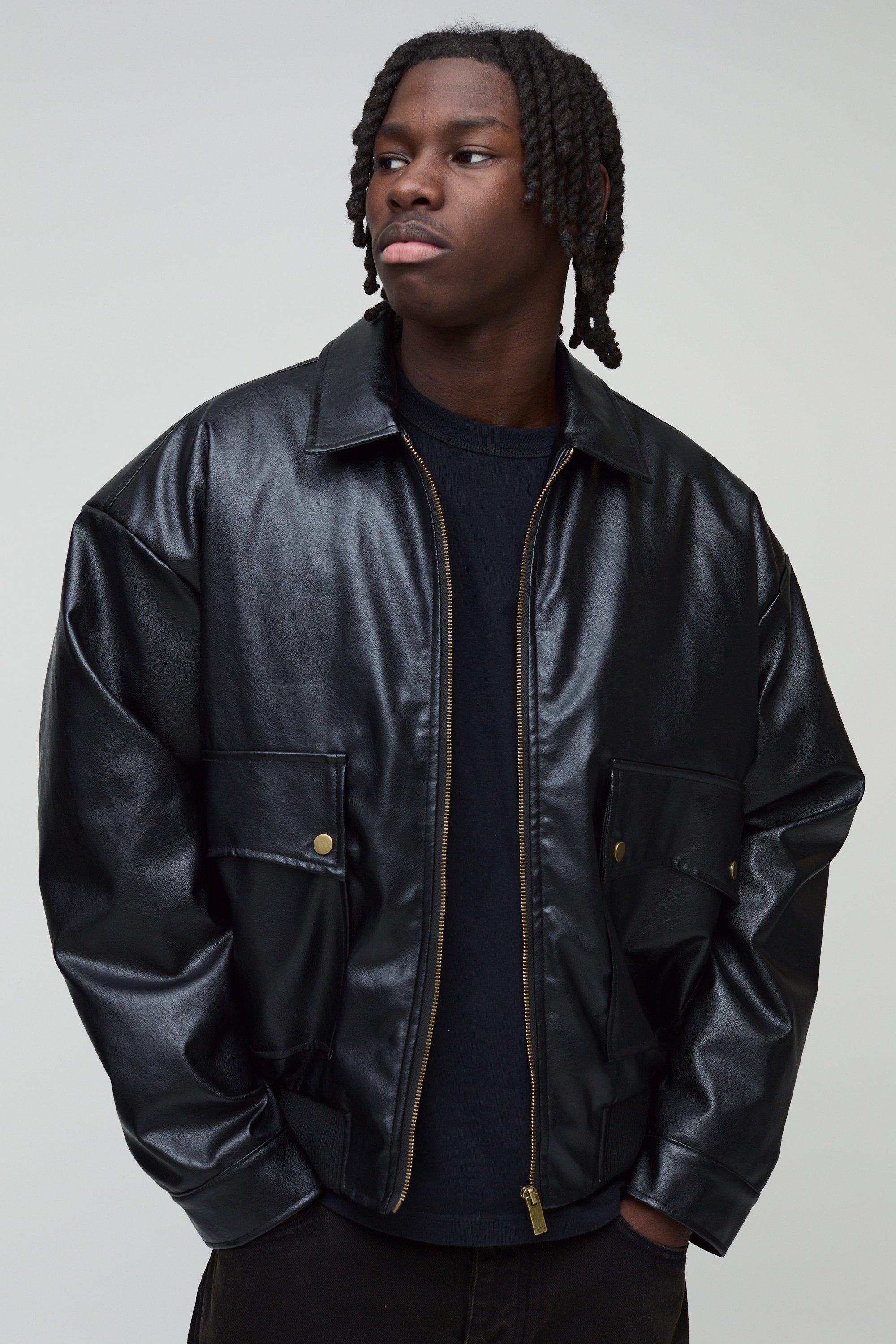 Mens Black Man Oversized Boxy PU Western Bomber Jacket, Black