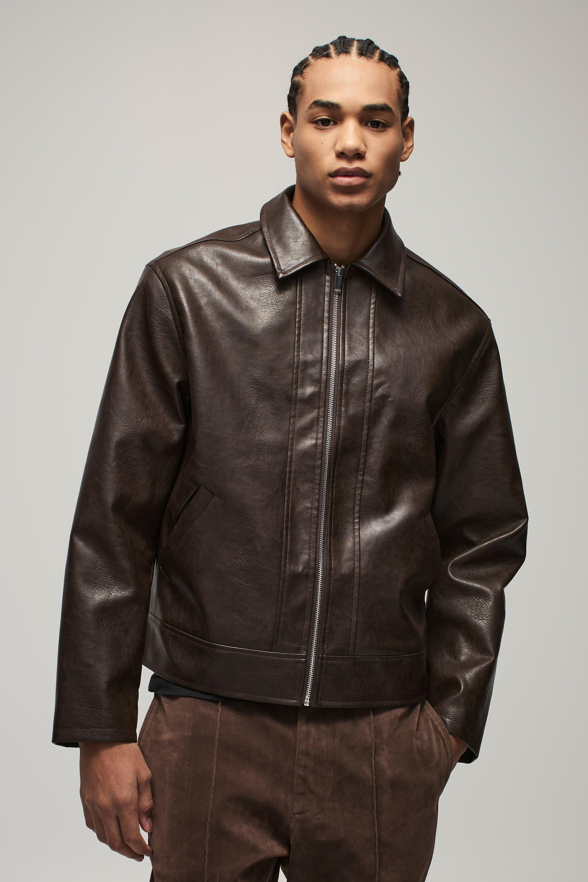 Mens Brown Oversized Boxy Cuff Detail PU Harrington Jacket, Brown