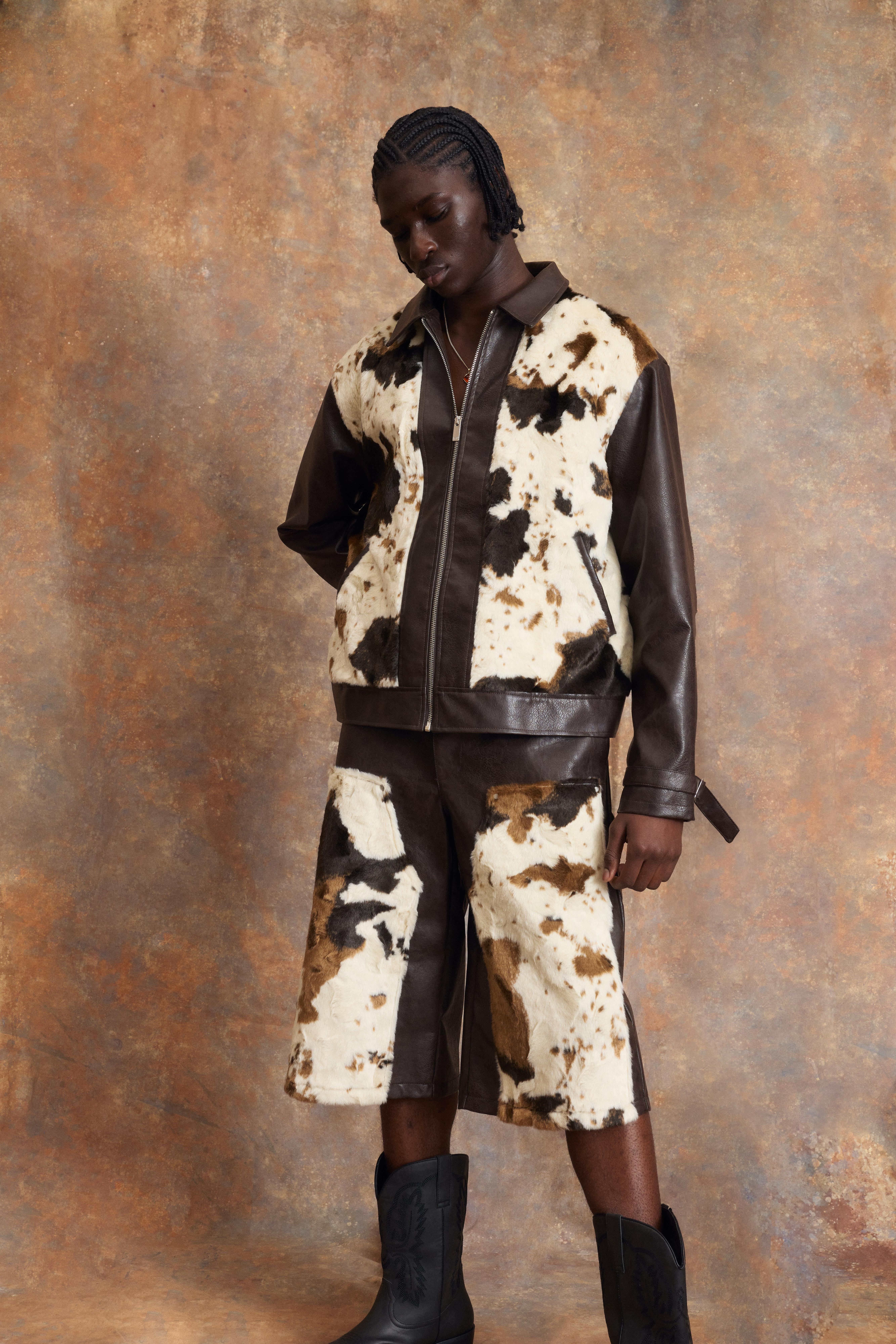 Mens Brown Oversized Boxy Cow Print Faux Fur PU Harrington Jacket, Brown