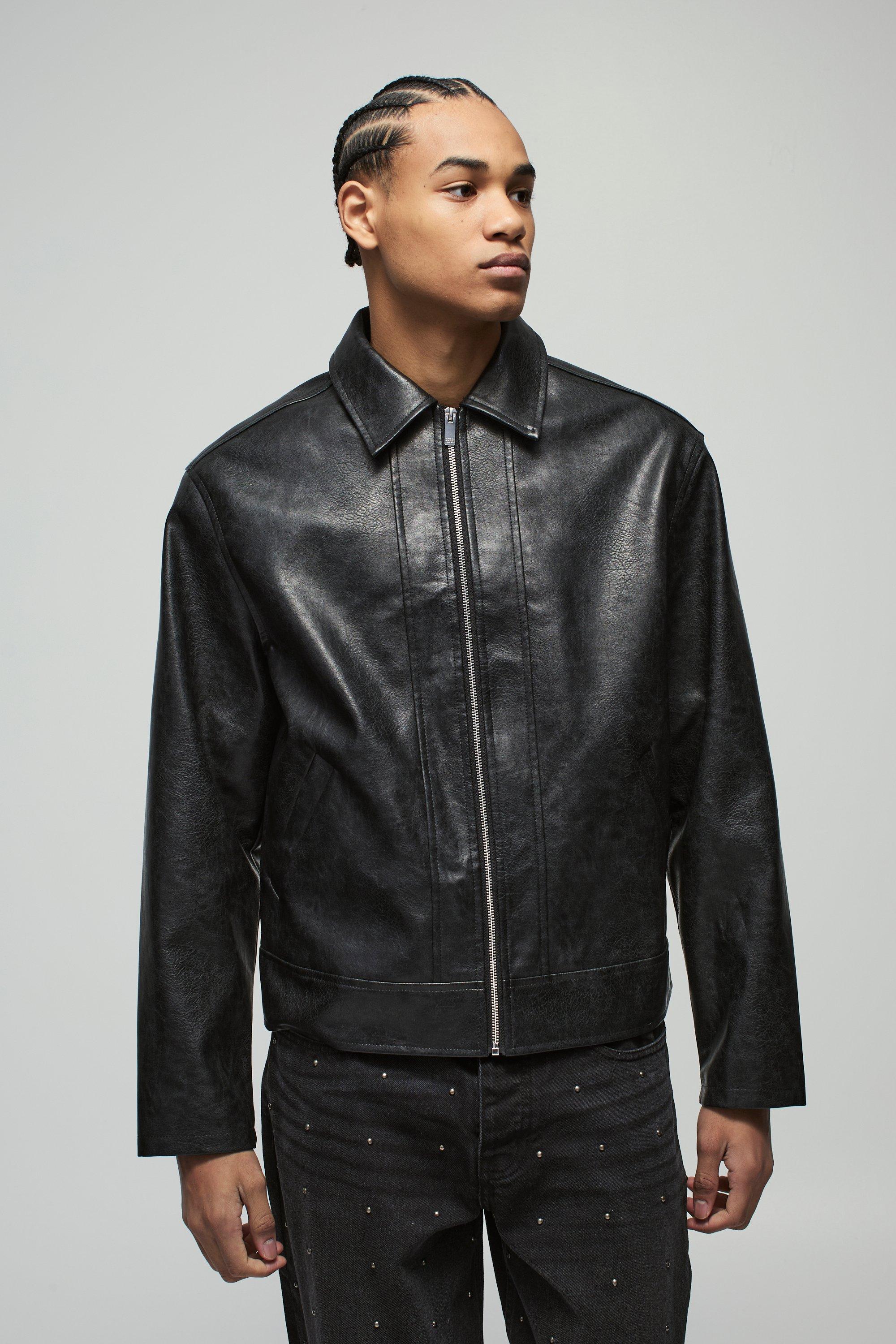 Mens Black Oversized Boxy Cuff Detail PU Harrington Jacket, Black