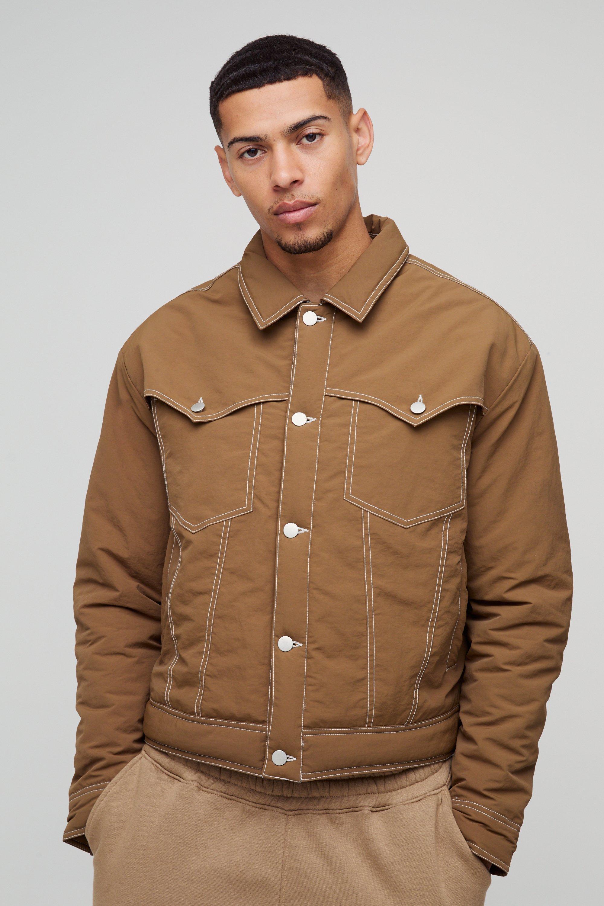 Image of Giacca Trucker squadrata in nylon con cuciture a contrasto stile Western, Brown