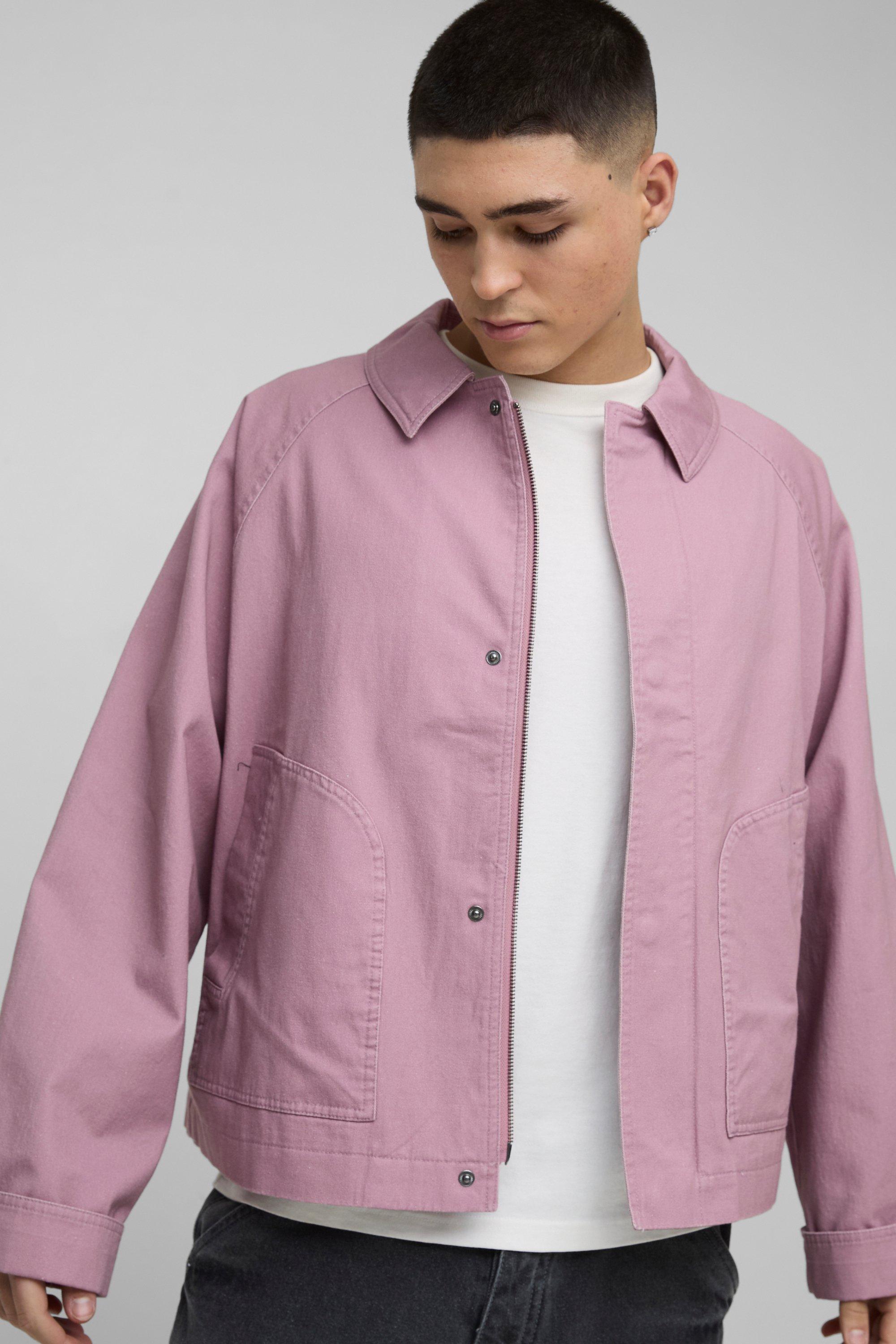 Mens Purple Man Oversized Boxy Raglan Twill Harrington Jacket, Purple